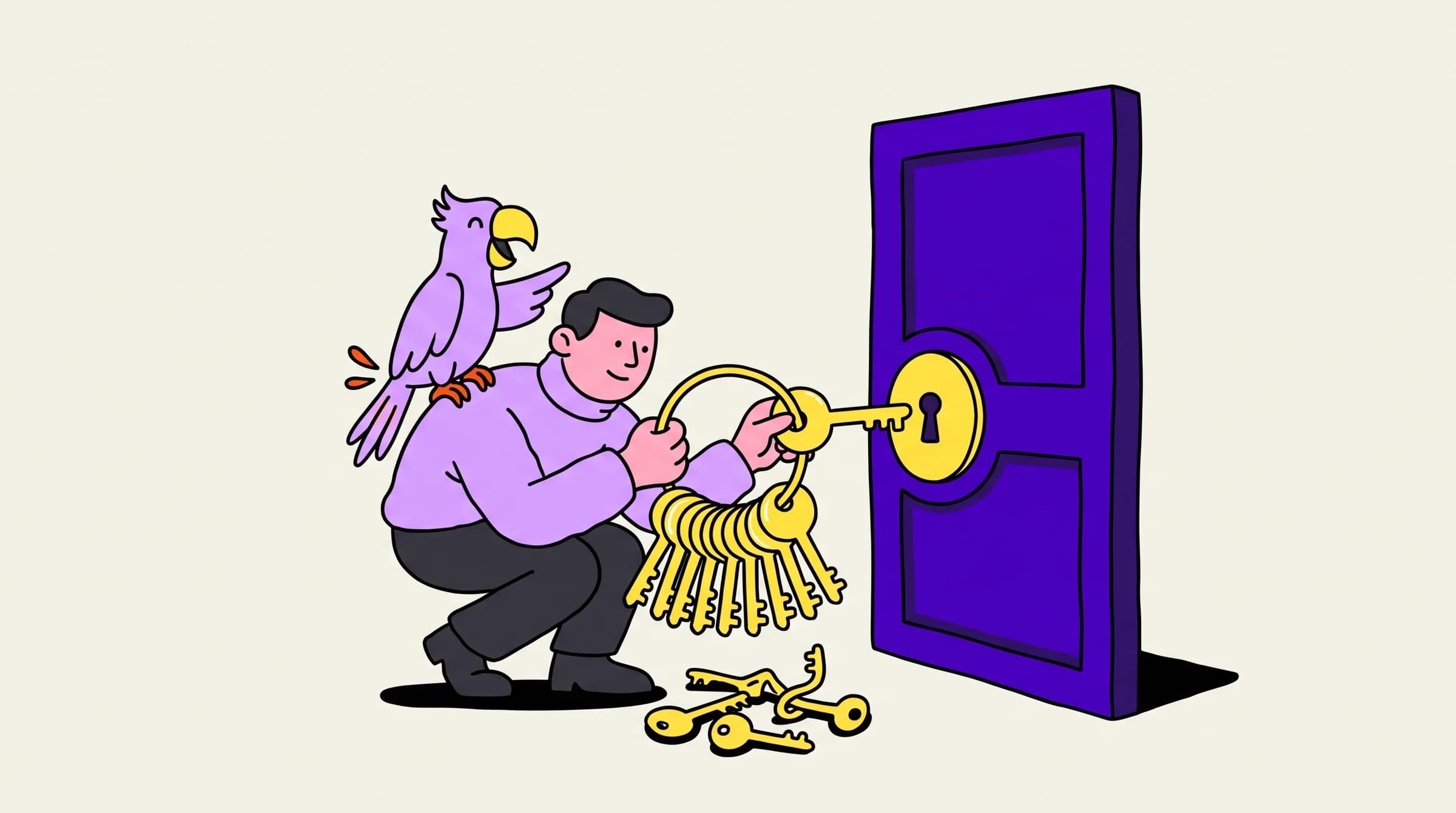 A founder tries key after look-alike key in a purple door while his parrot cheers, showing AI guesses that look right but don't fit.