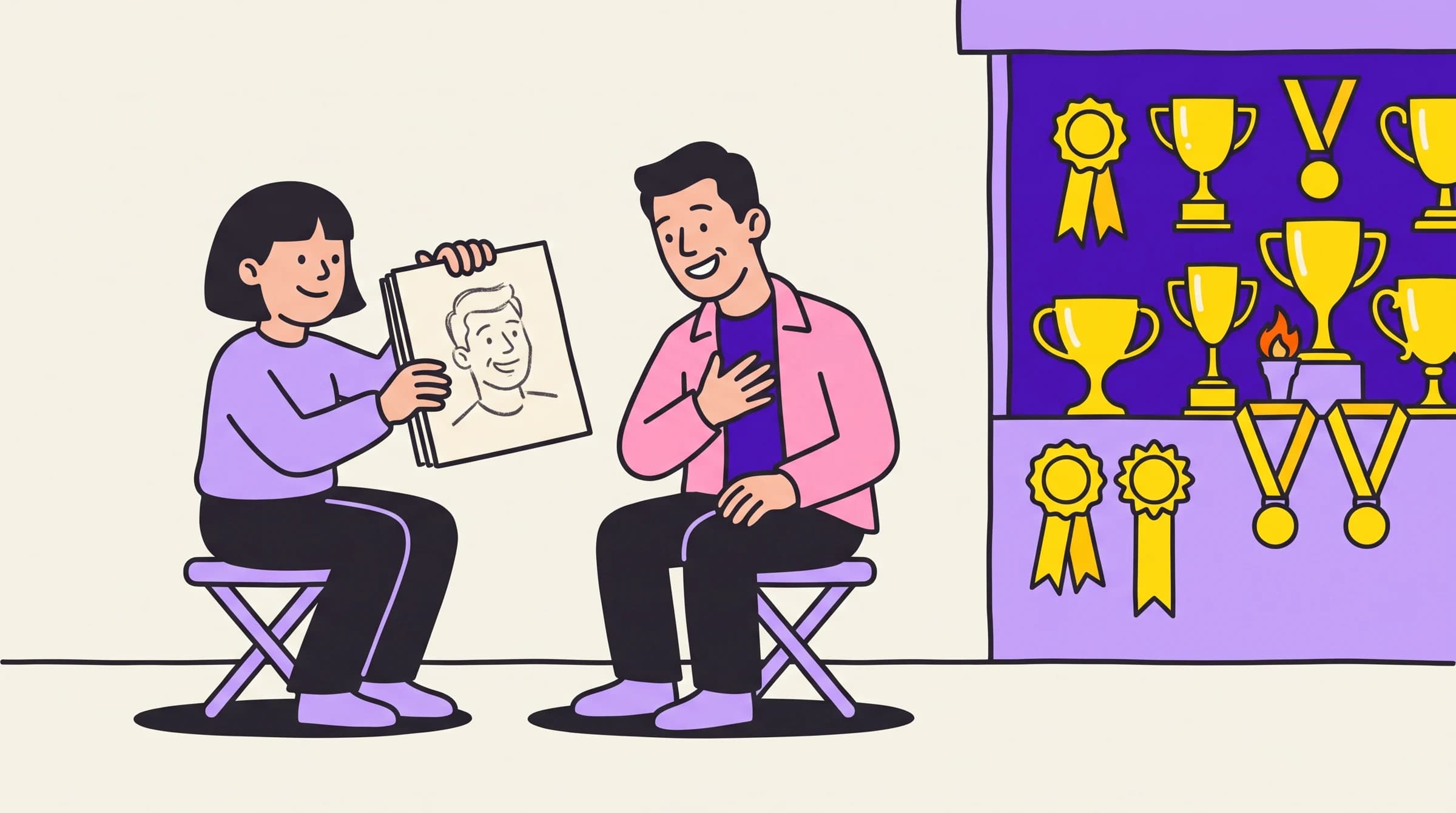 A founder shows a passerby a quick sketch of his own face and he lights up, while a trophy-covered stall stands ignored.