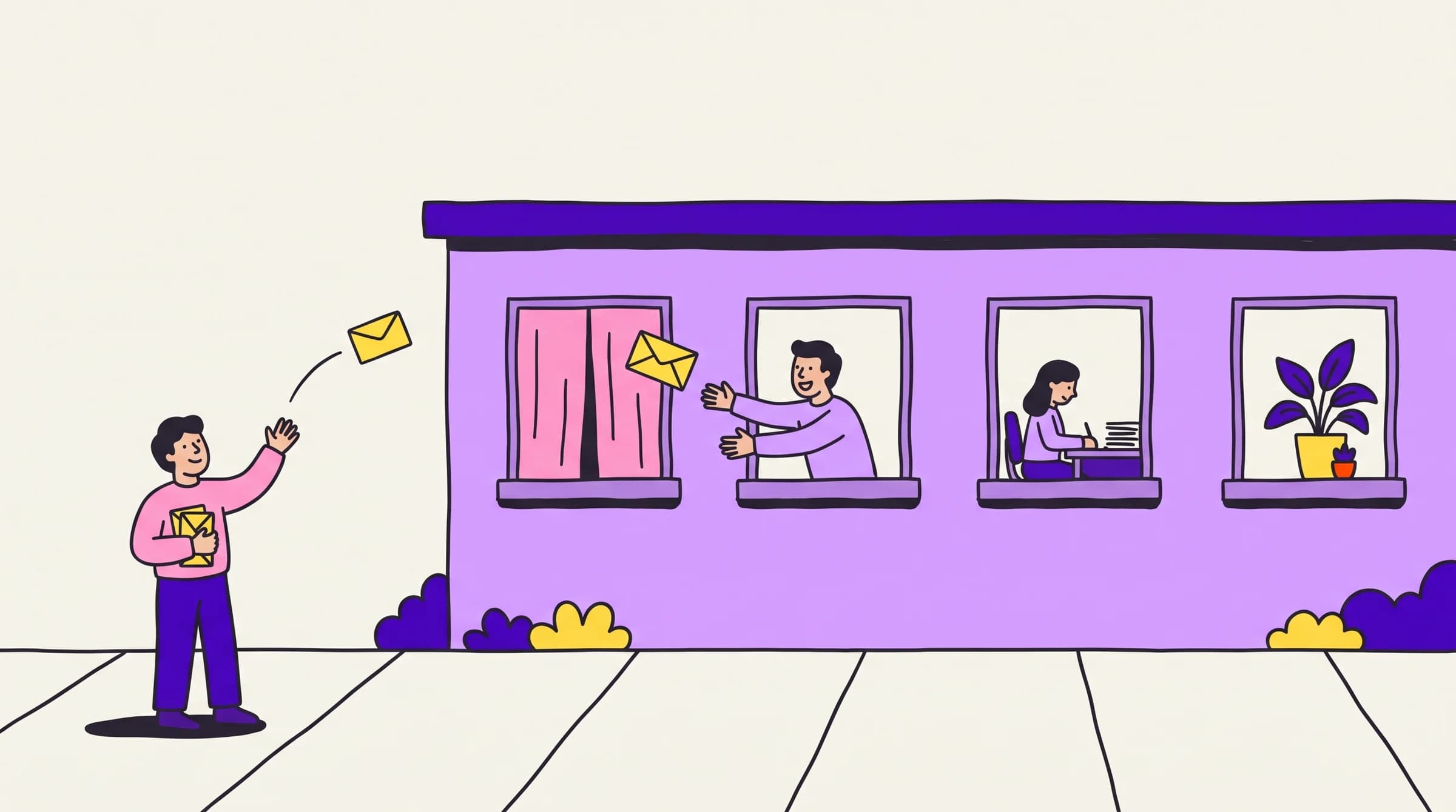 A founder tosses an envelope past a window with its curtain drawn to a smiling colleague leaning out the next window in the same building.
