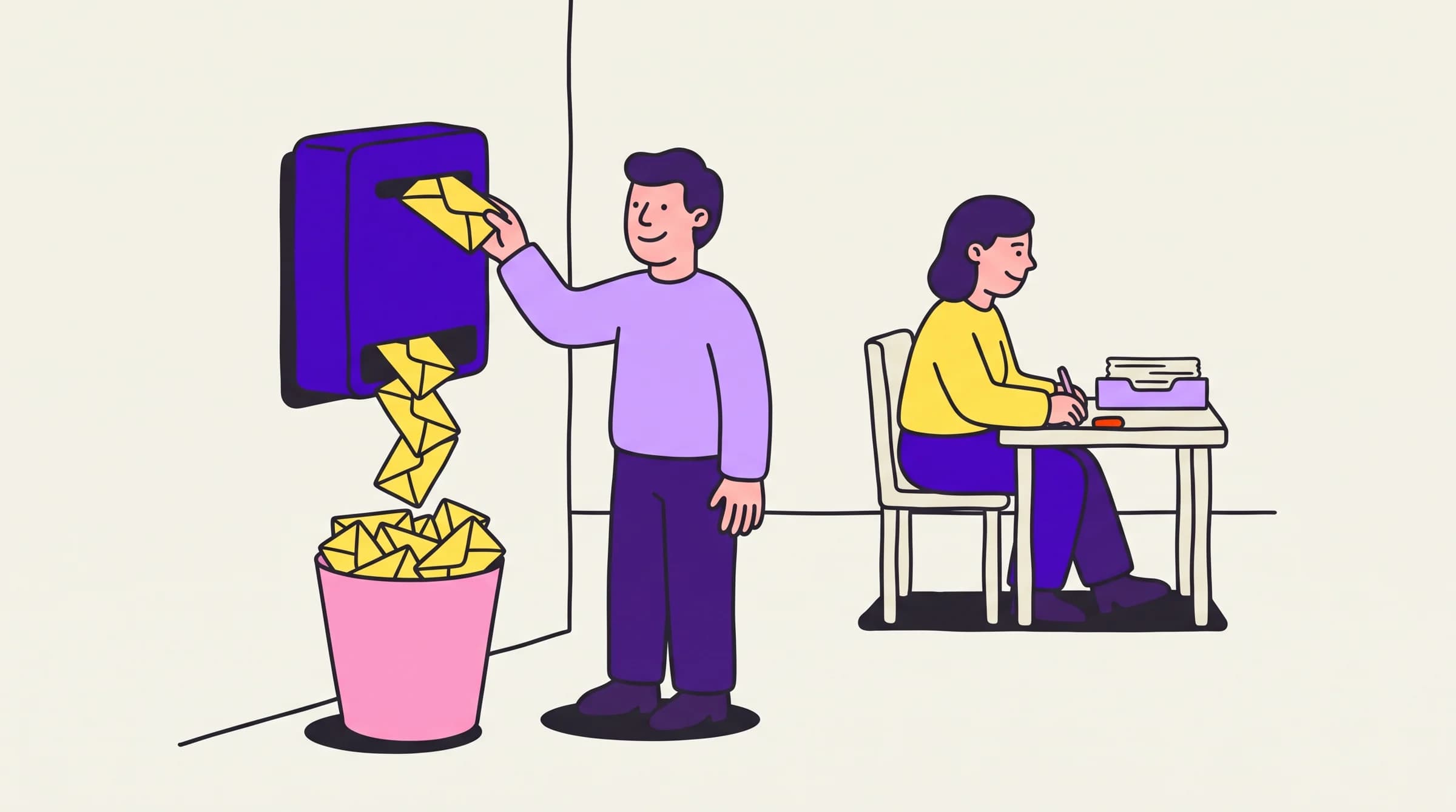 A founder happily posts a letter into a wall box that drops it straight into a wastebasket the recipient never sees.
