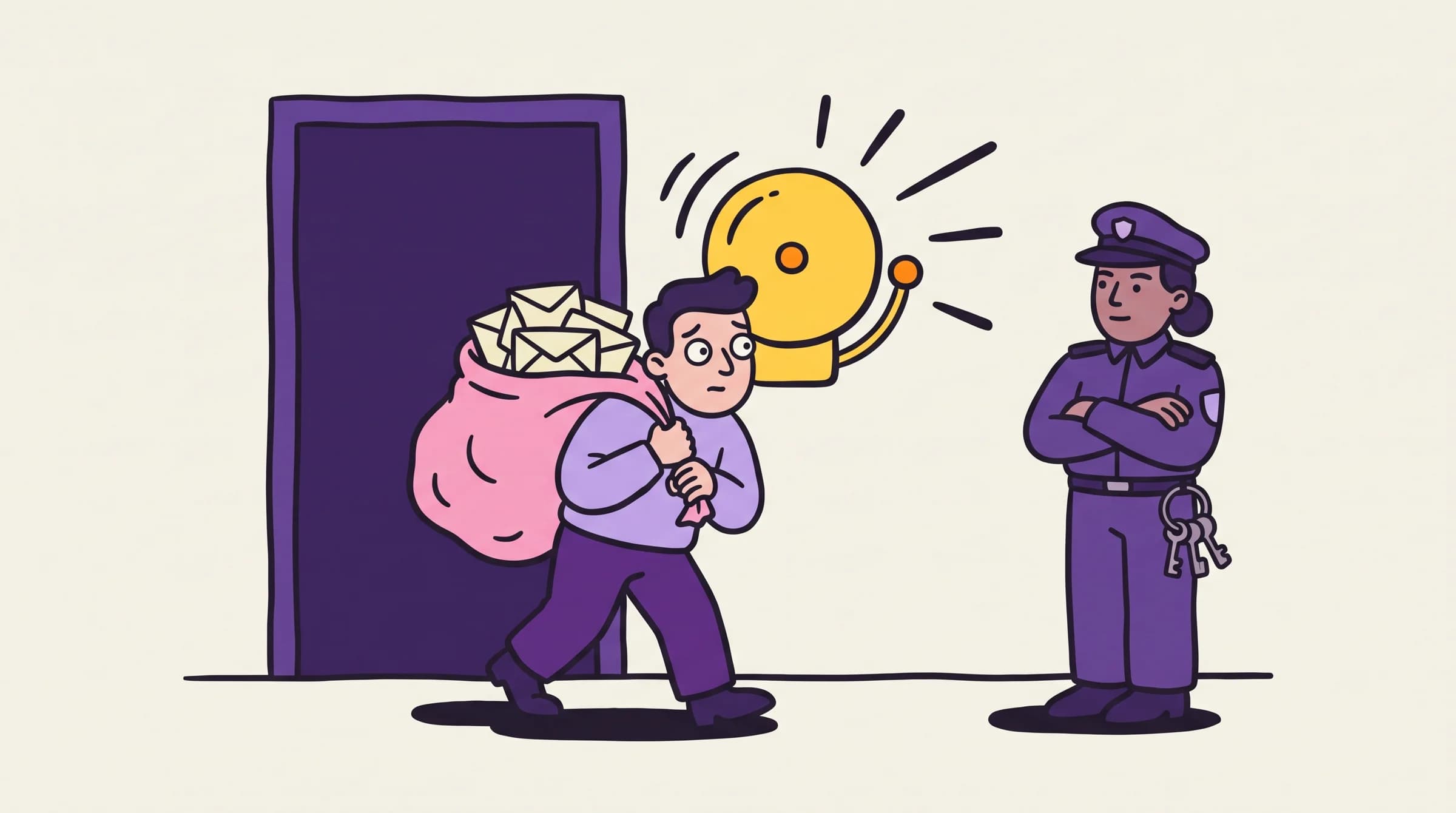 A founder carrying a sack of envelopes out of his own office trips an alarm while a guard watches, treated like a burglar.