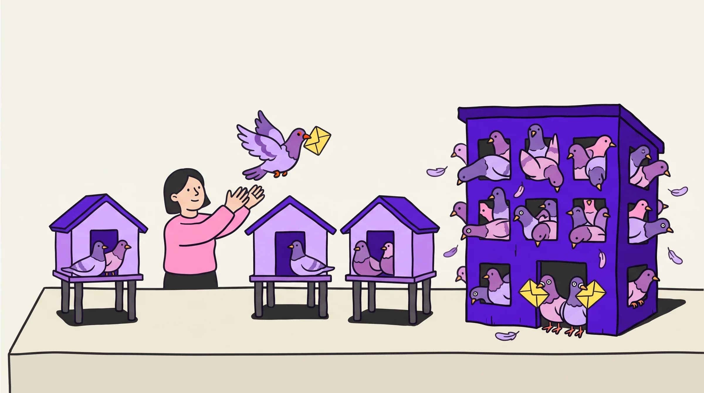 A founder releases a carrier pigeon from a small, roomy coop while an overcrowded cheap coop traps pigeons in its doorway.