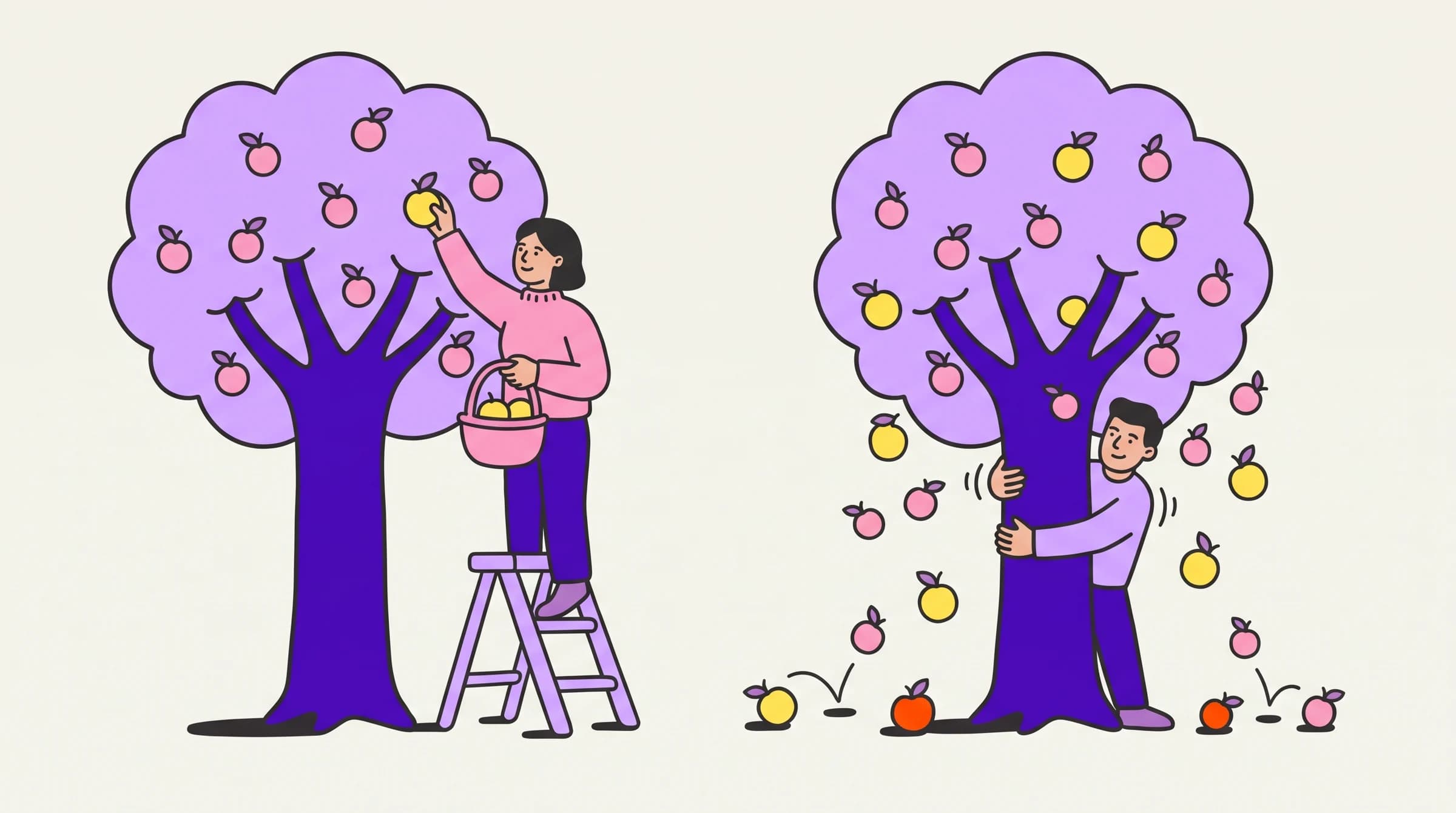 A founder on a step ladder picks two ripe fruits from one tree while a man shakes the whole next tree, raining every fruit down.