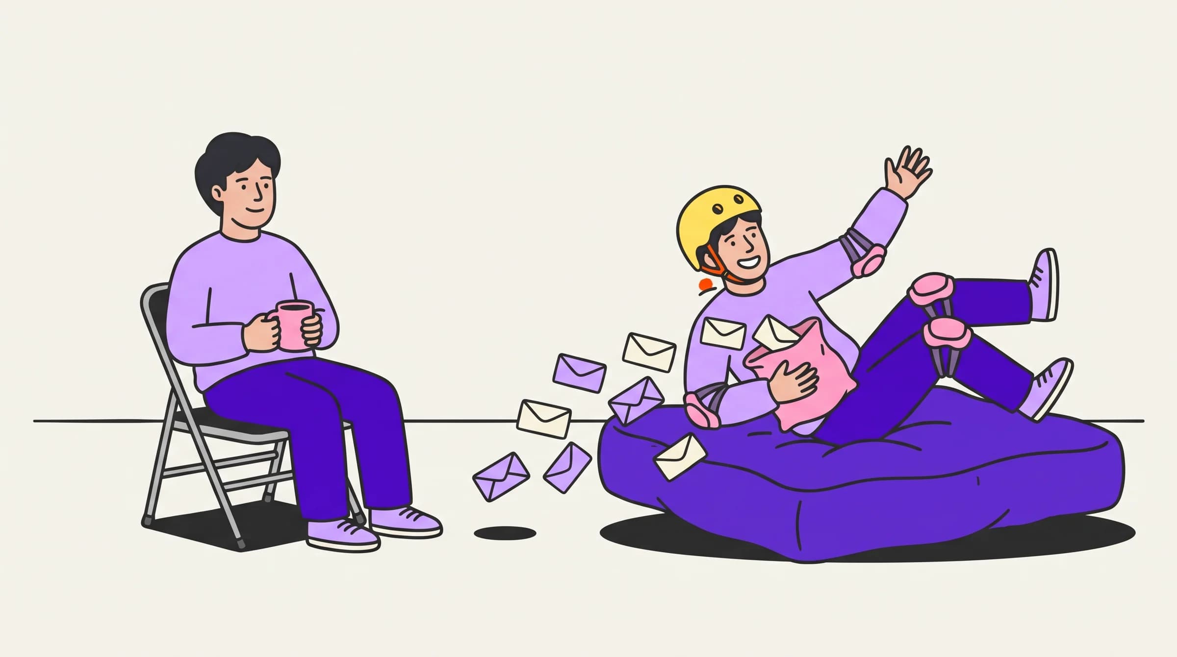 A founder sips coffee unhurt while his helmeted look-alike stunt double tumbles onto a crash mat, envelopes flying, taking the hits for him.