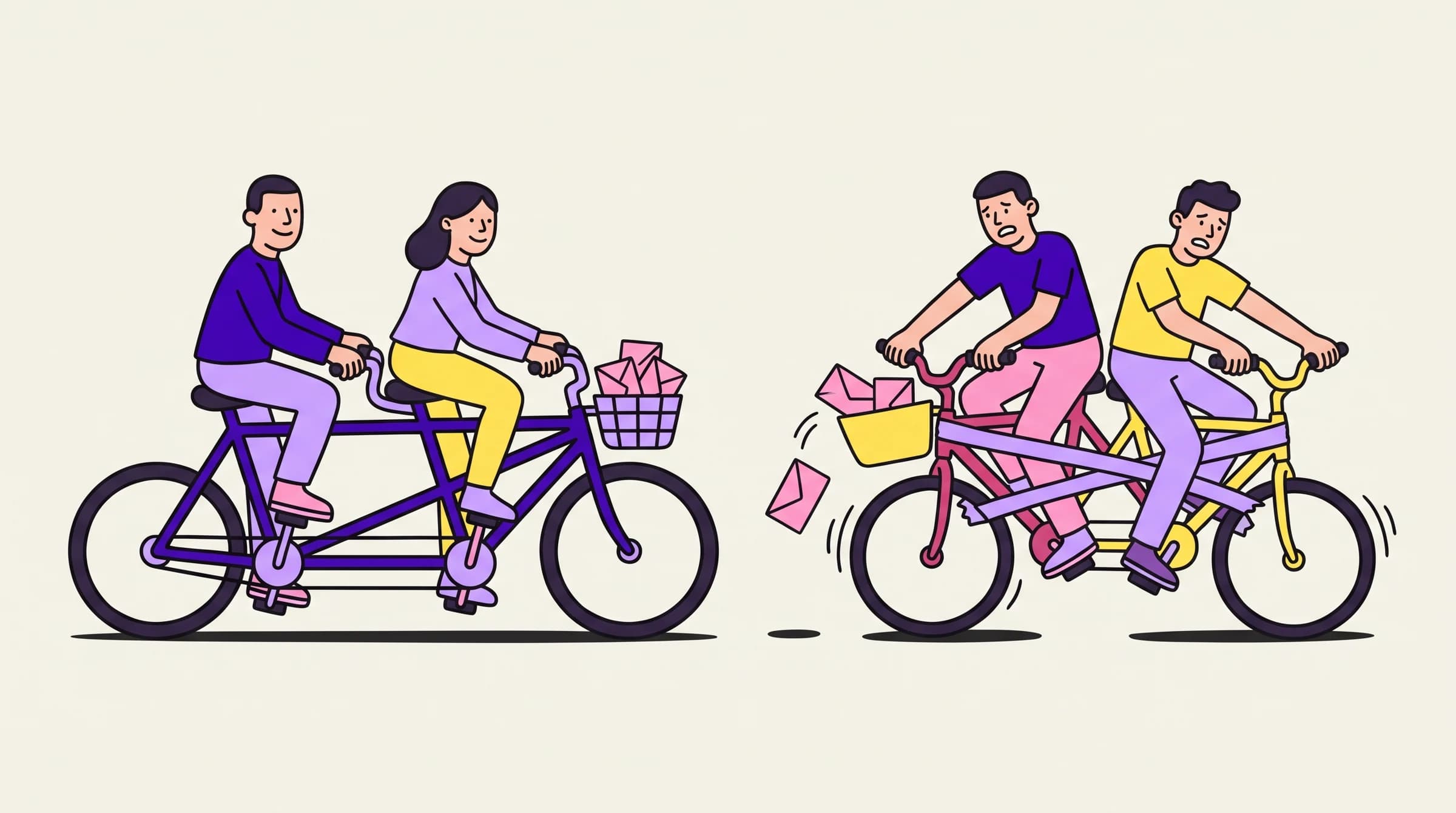 Two riders pedal a purple tandem in sync while two riders on bikes taped together wobble apart, showing true versus bolted-on multichannel.