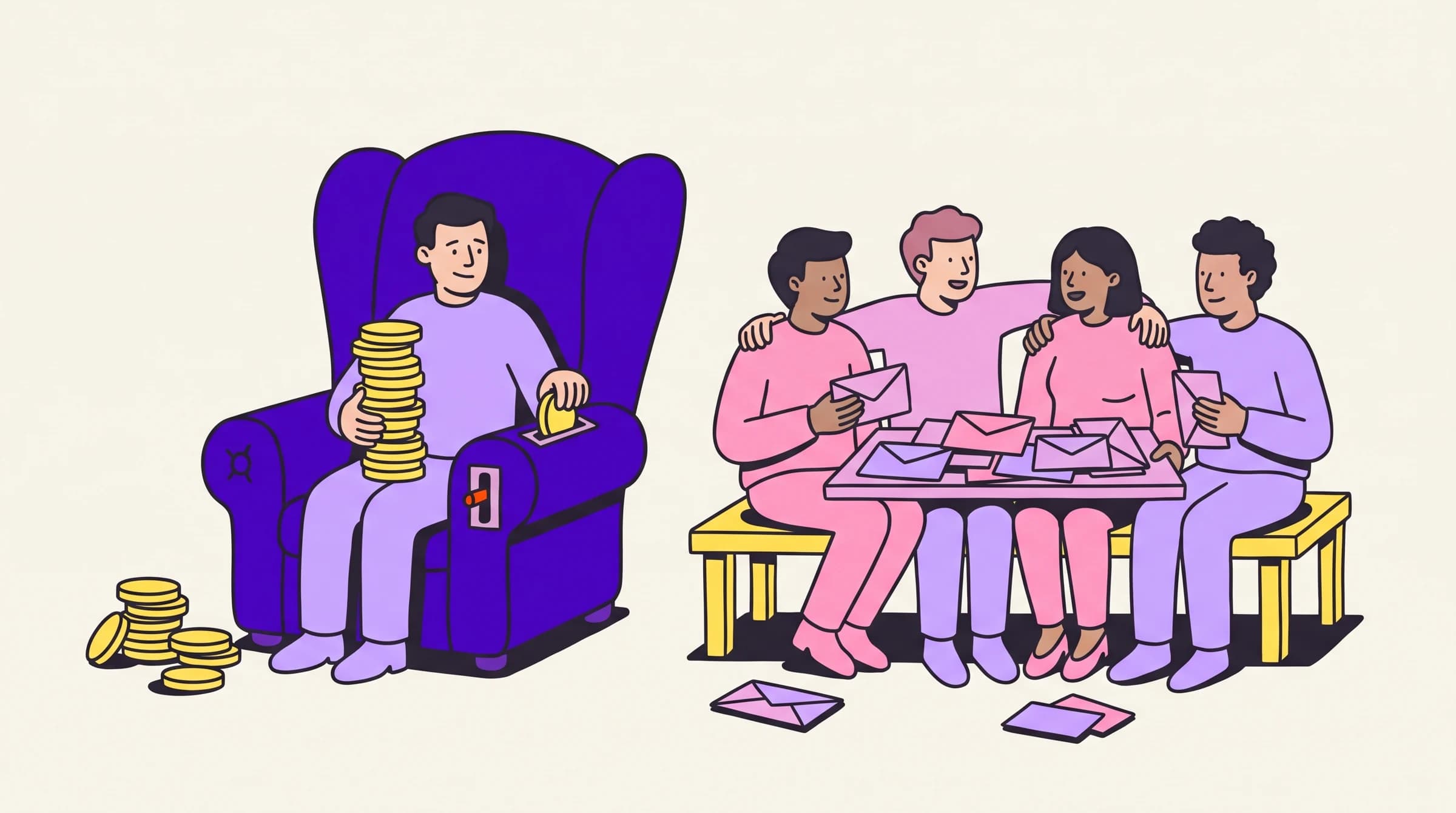 A founder feeds coins into a coin-operated purple armchair while four teammates share one cheap yellow bench and a table of envelopes.