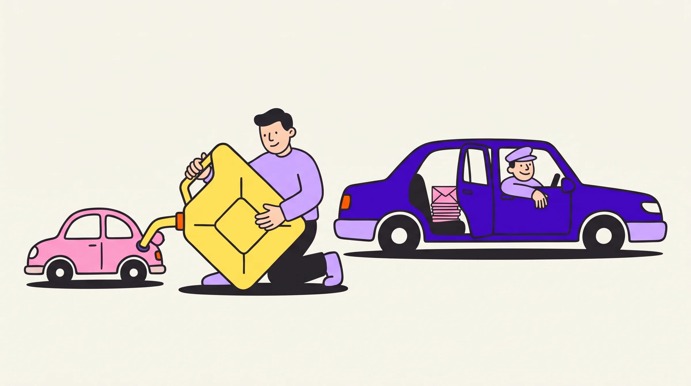 A founder pours a giant fuel can into a tiny cheap car while a chauffeur waits in a big purple car loaded with envelopes.