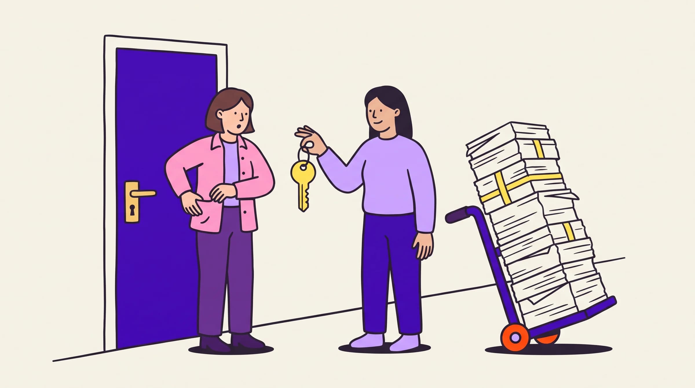 An agency founder hands a surprised owner the key she just dropped, leaving a towering stack of audit reports parked unread on a hand truck.