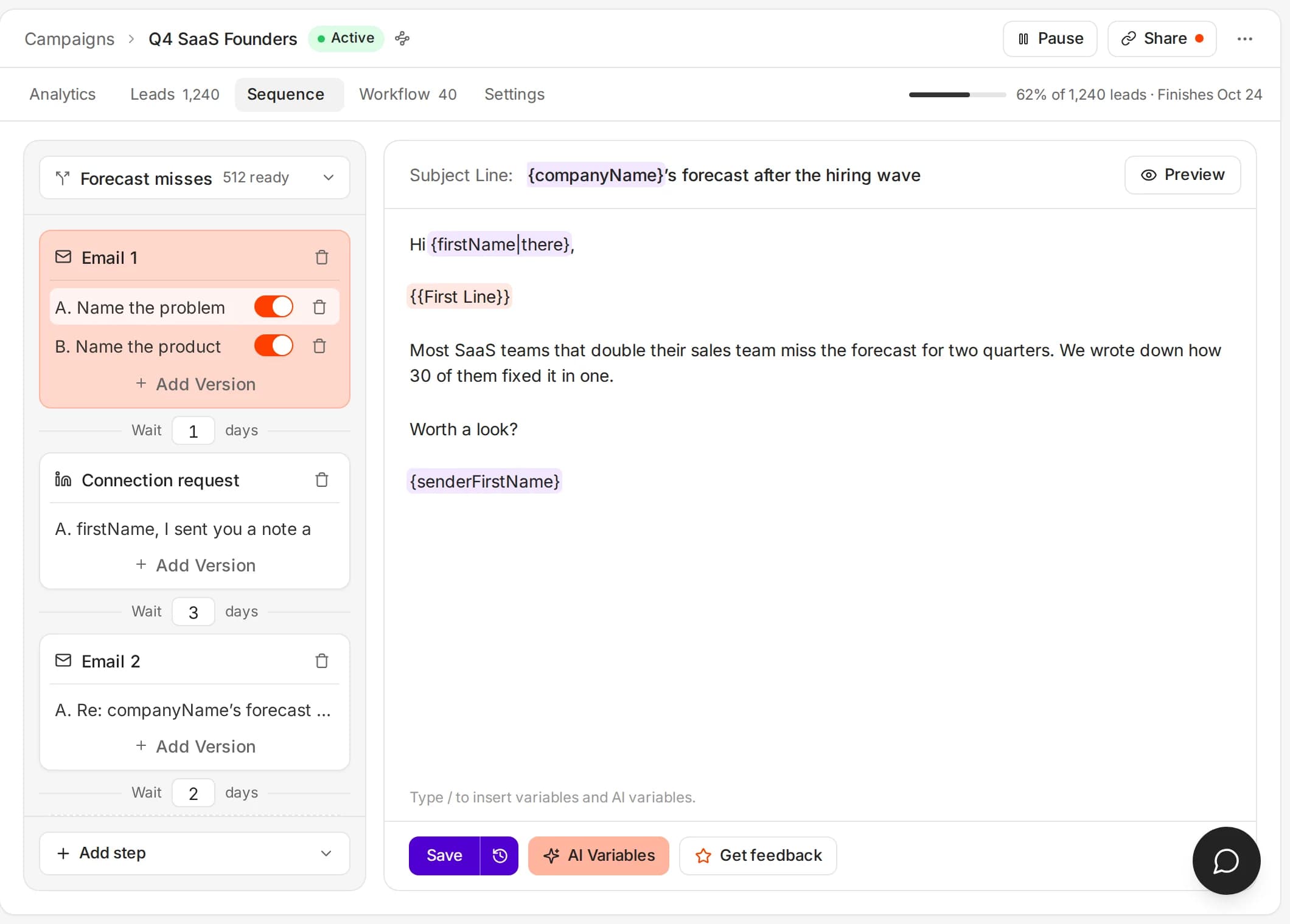 A Ken sequence: an email, a LinkedIn connection request, then a second email