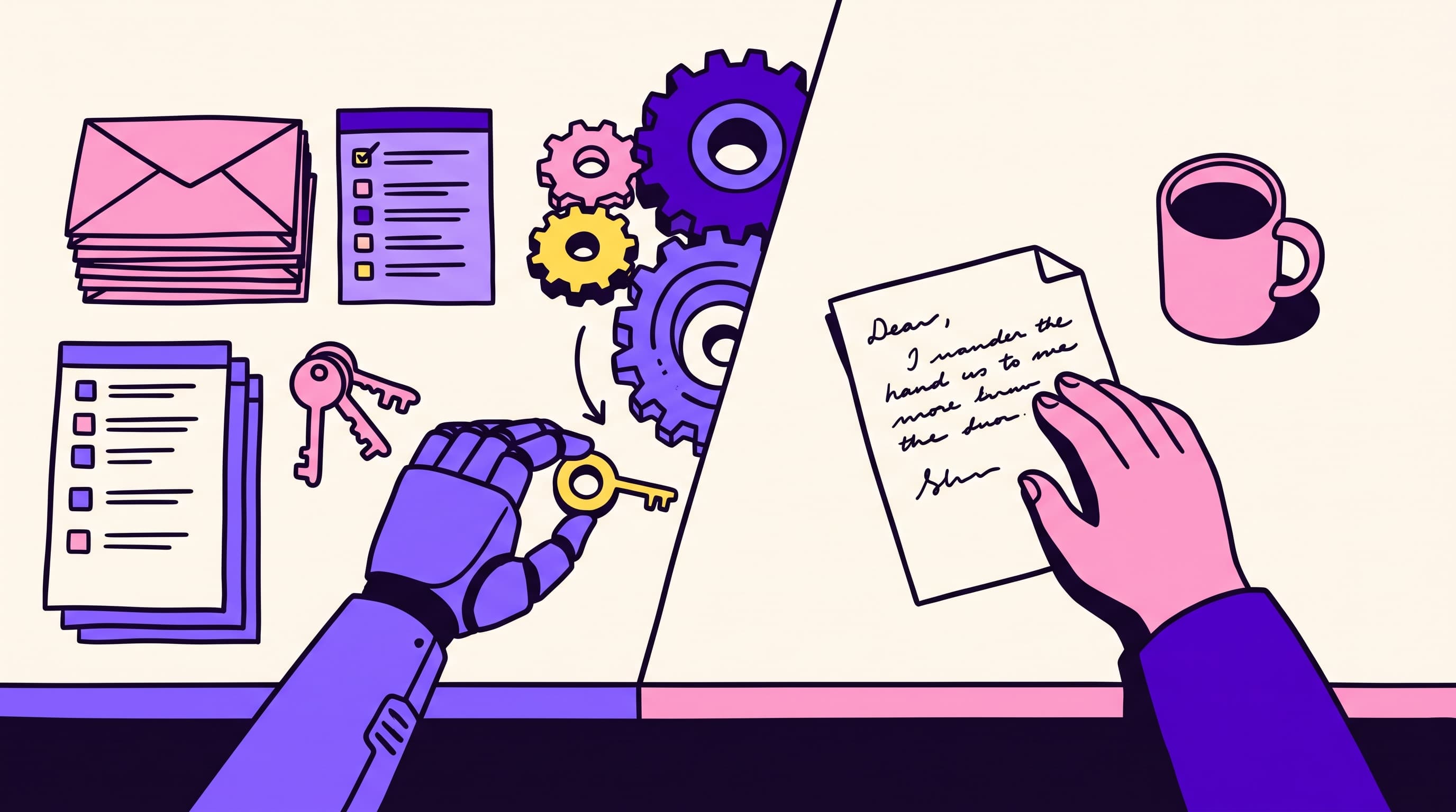 Hand-drawn neobrutal illustration of a robot arm and human hand sharing a desk: outbound machinery versus a single handwritten email