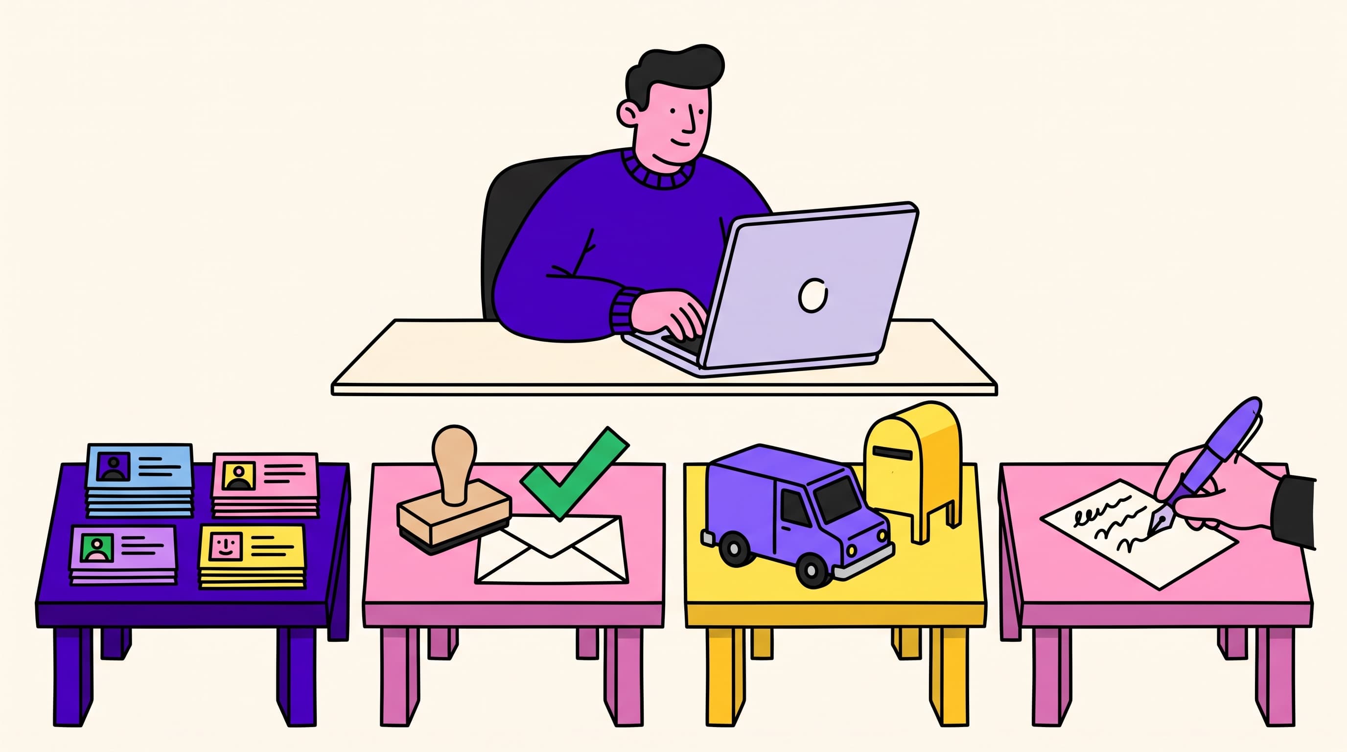 Founder at a desk facing four equal workbenches: contact cards, a stamped envelope, a mail truck, and a hand writing a letter