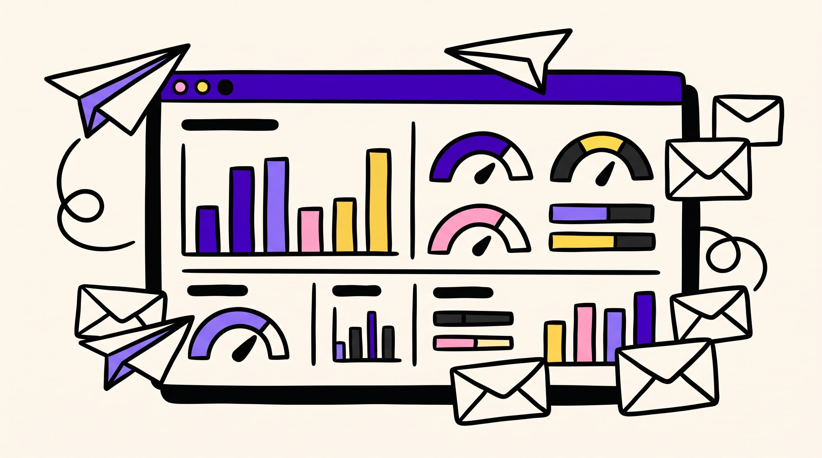 Hand-drawn neobrutal illustration of a cold email metrics scoreboard with charts, envelopes, and paper airplanes on a cream background