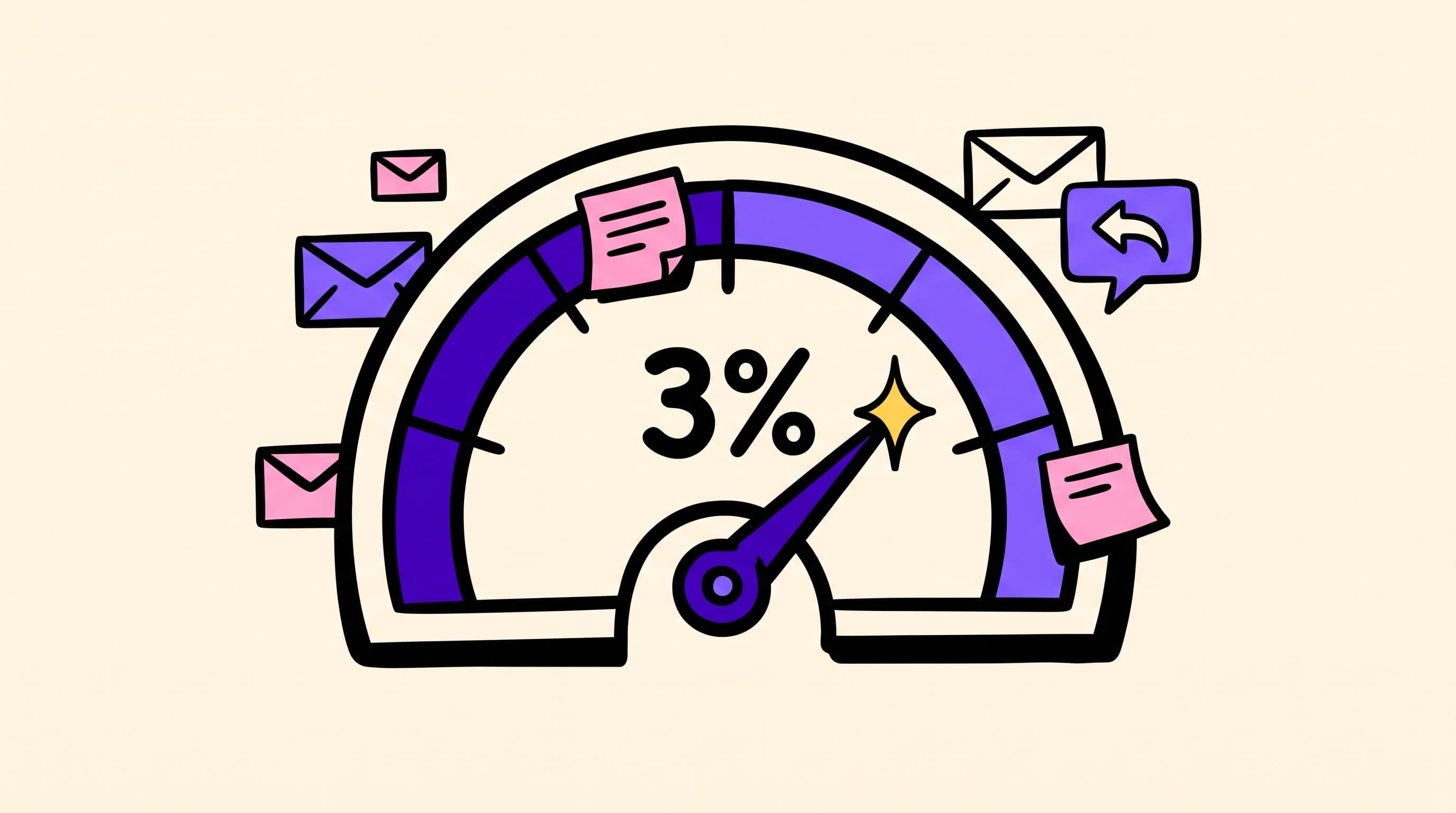 Flat illustration of a reply-rate gauge with envelopes and a speech bubble on a cream background