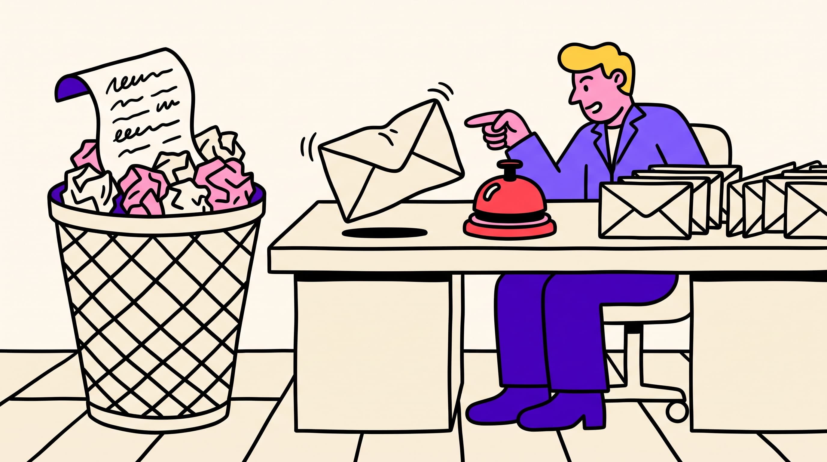 Operator ignoring a discarded spam-word list and inspecting bounced mail, a complaint bell, and identical envelopes instead