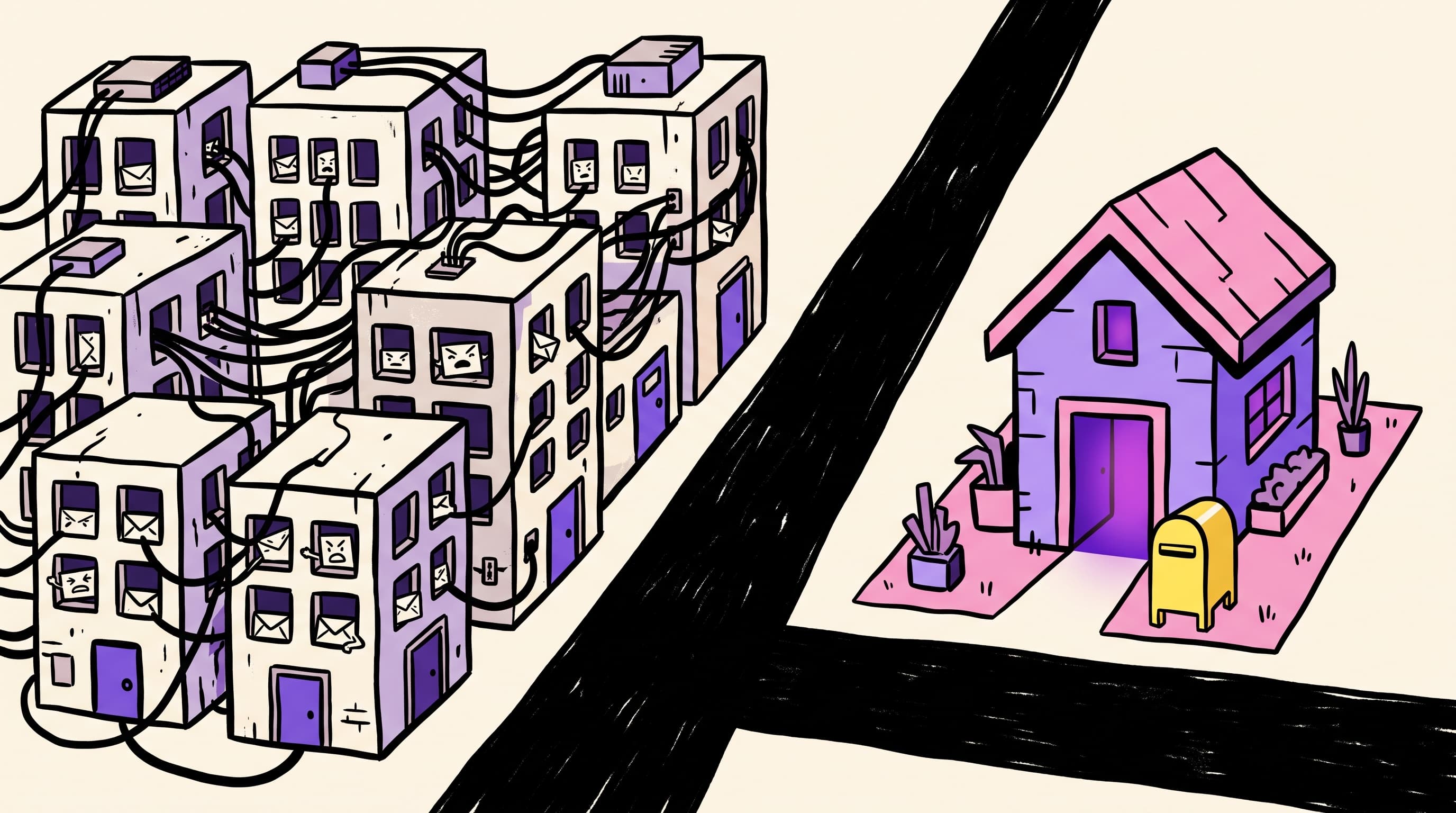 Crowded shared IP apartment block of mail servers versus a lonely dedicated sending house across a black road