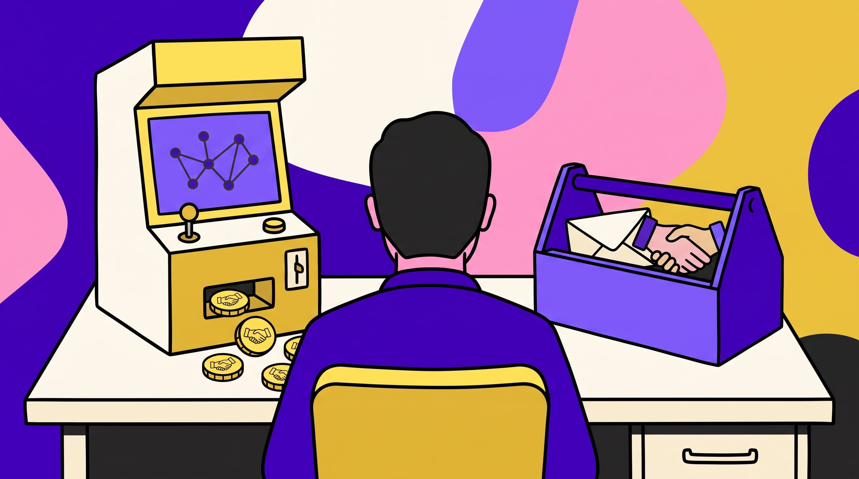 Founder at a desk choosing between a coin-operated LinkedIn outreach machine and a purple toolbox that already holds email and a handshake