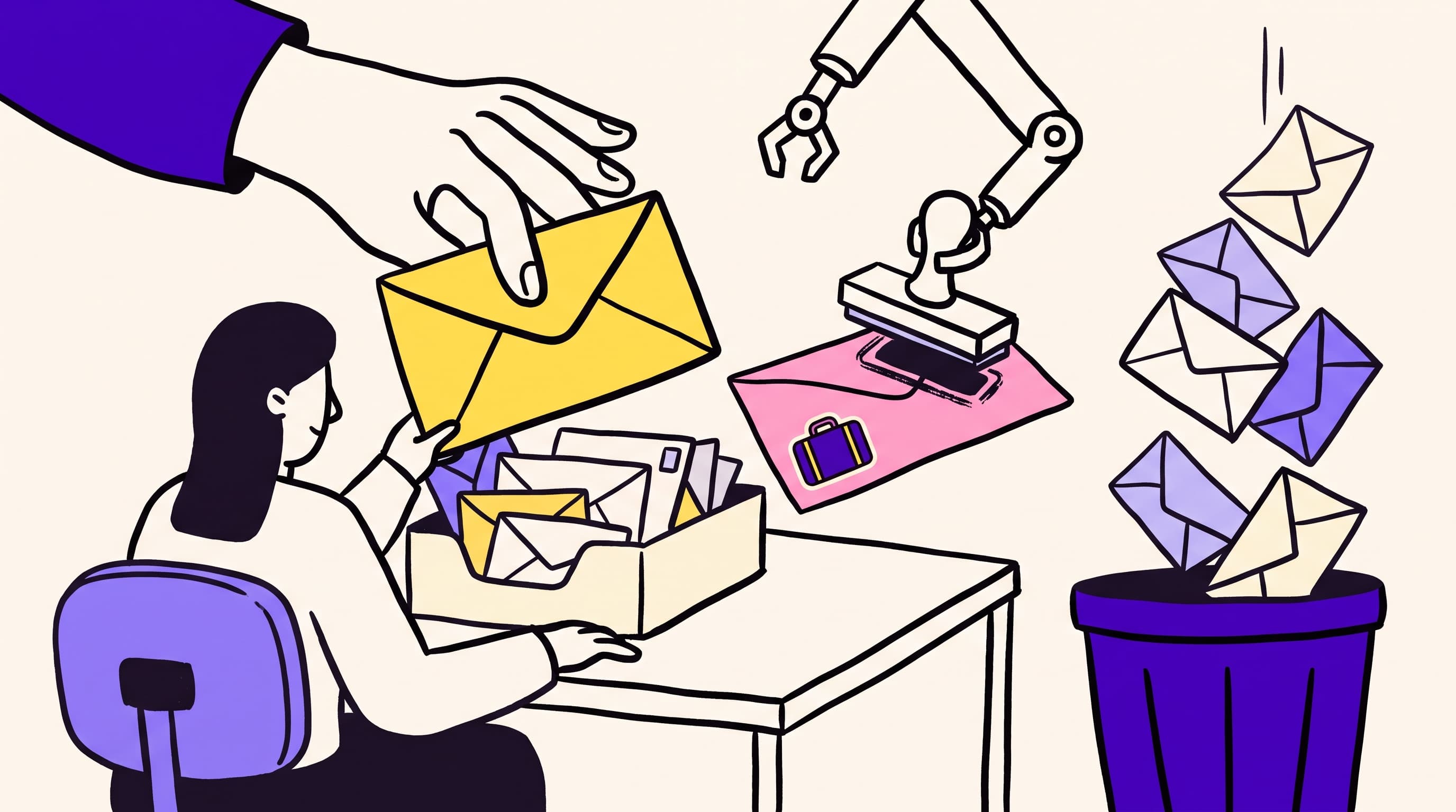 Operator at a desk sorting incoming envelopes: a human grabbing the important one, a machine stamping out-of-office mail, and a bin for opt-outs