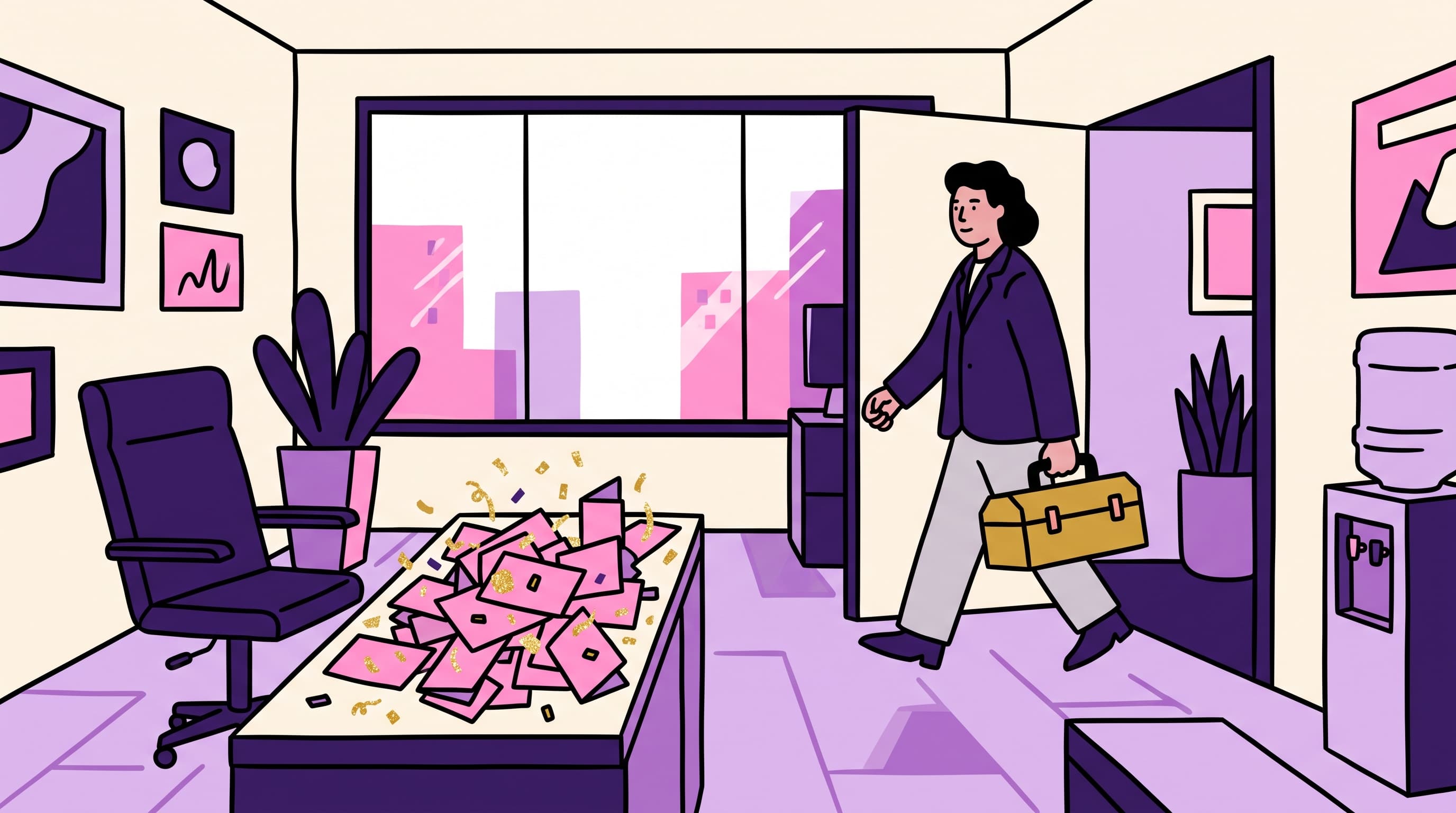 Newly hired VP walking into an office with a toolbox while a desk of identical congratulations cards sits ignored