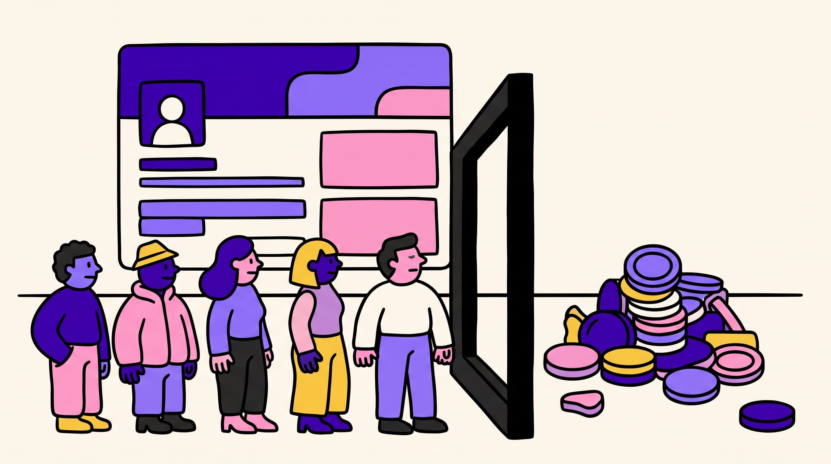 Queue of five people standing at a gate in front of a LinkedIn-style profile card, with unused credit tokens piled on the other side