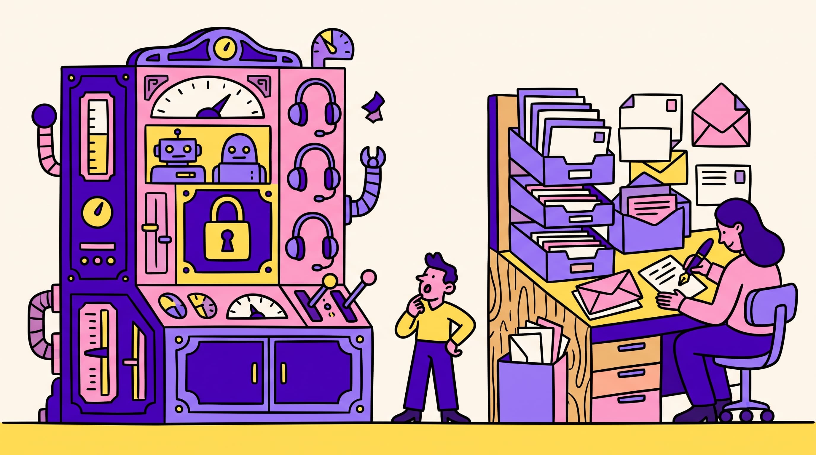 Founder standing between a locked enterprise revenue console full of robots and headsets and a simple mail desk where a person writes a letter