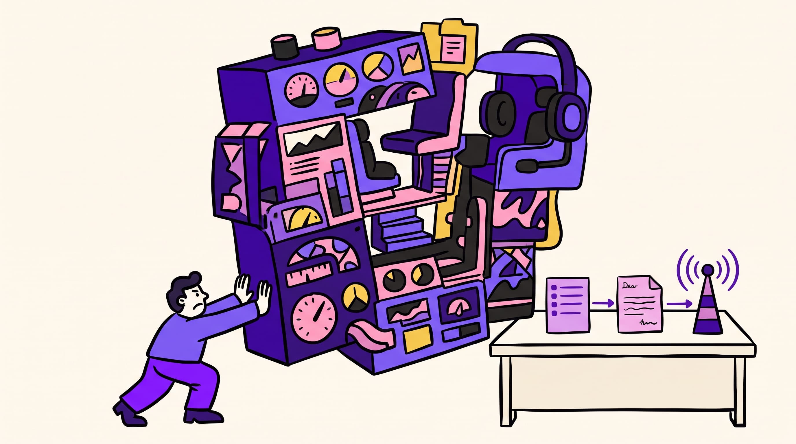 Founder at a small desk pushing away an oversized sales coaching machine while a simple outbound pipeline sits ready