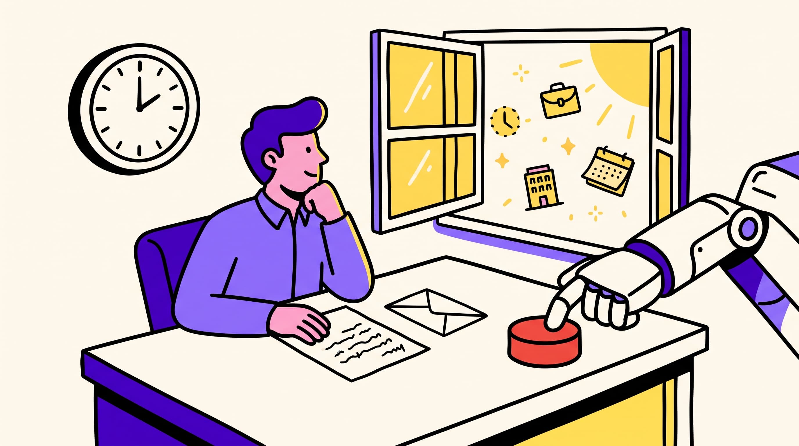 Hand-drawn illustration of a founder writing a letter at a desk while a robot arm stays off the send button, with timed events arriving through a window