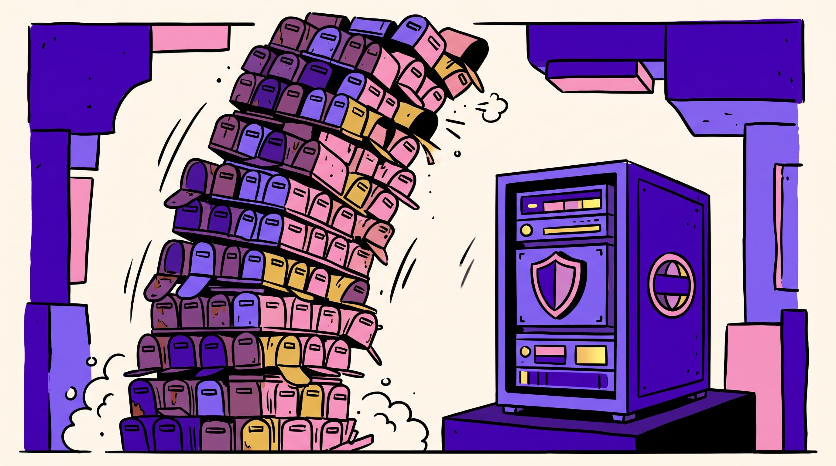 Illustration contrasting a tipping tower of generic mailboxes with a stable dedicated sending server