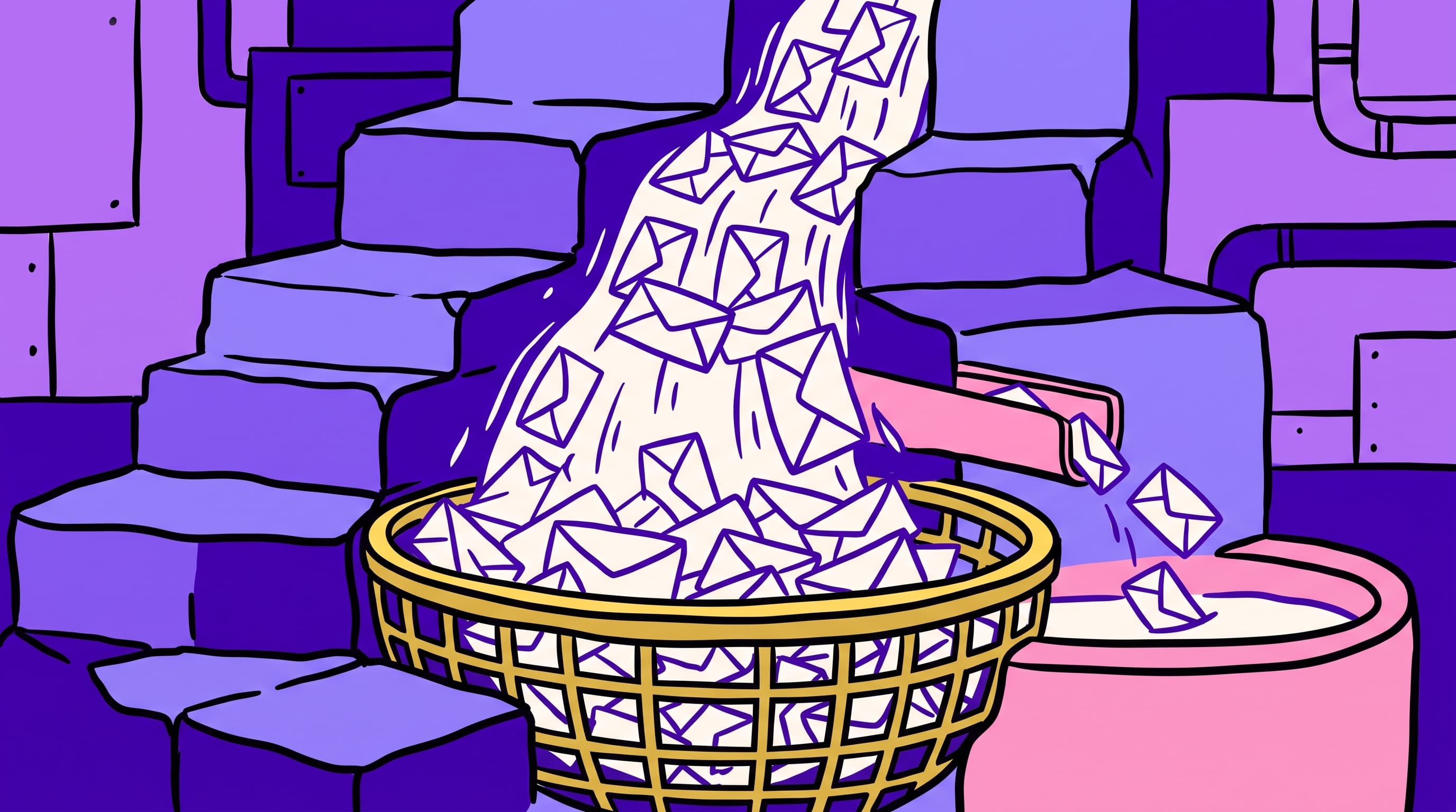 Hand-drawn illustration of envelopes falling down purple waterfall steps into a gold sieve, with some diverted to a pink side pool