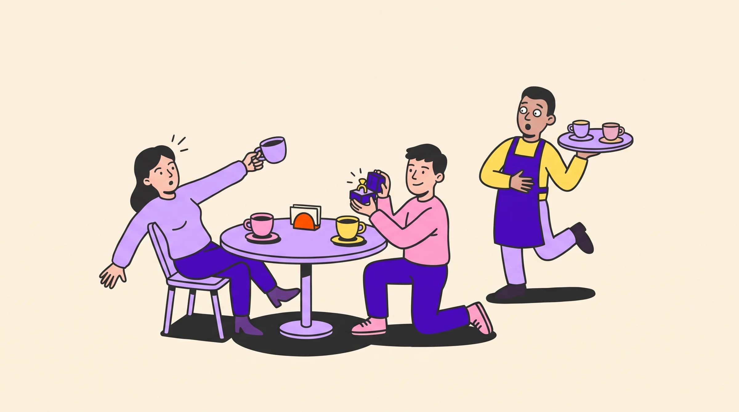 At a cafe table on a first date, a man kneels with a ring box while his startled date leans away from the ask.