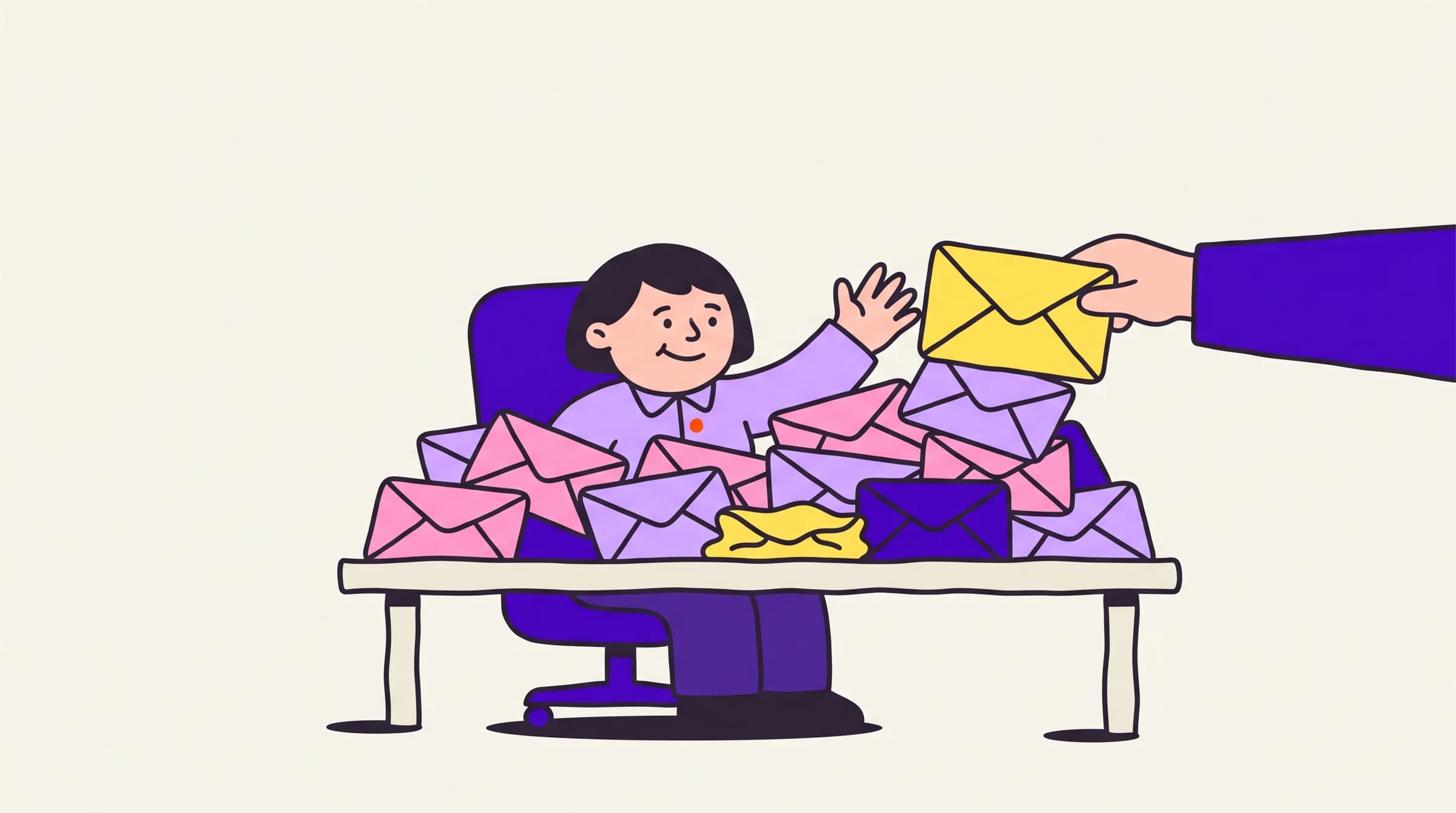 A manager behind a mail heap misses the squashed yellow envelope at the bottom and reaches for the matching one a hand sets on top.