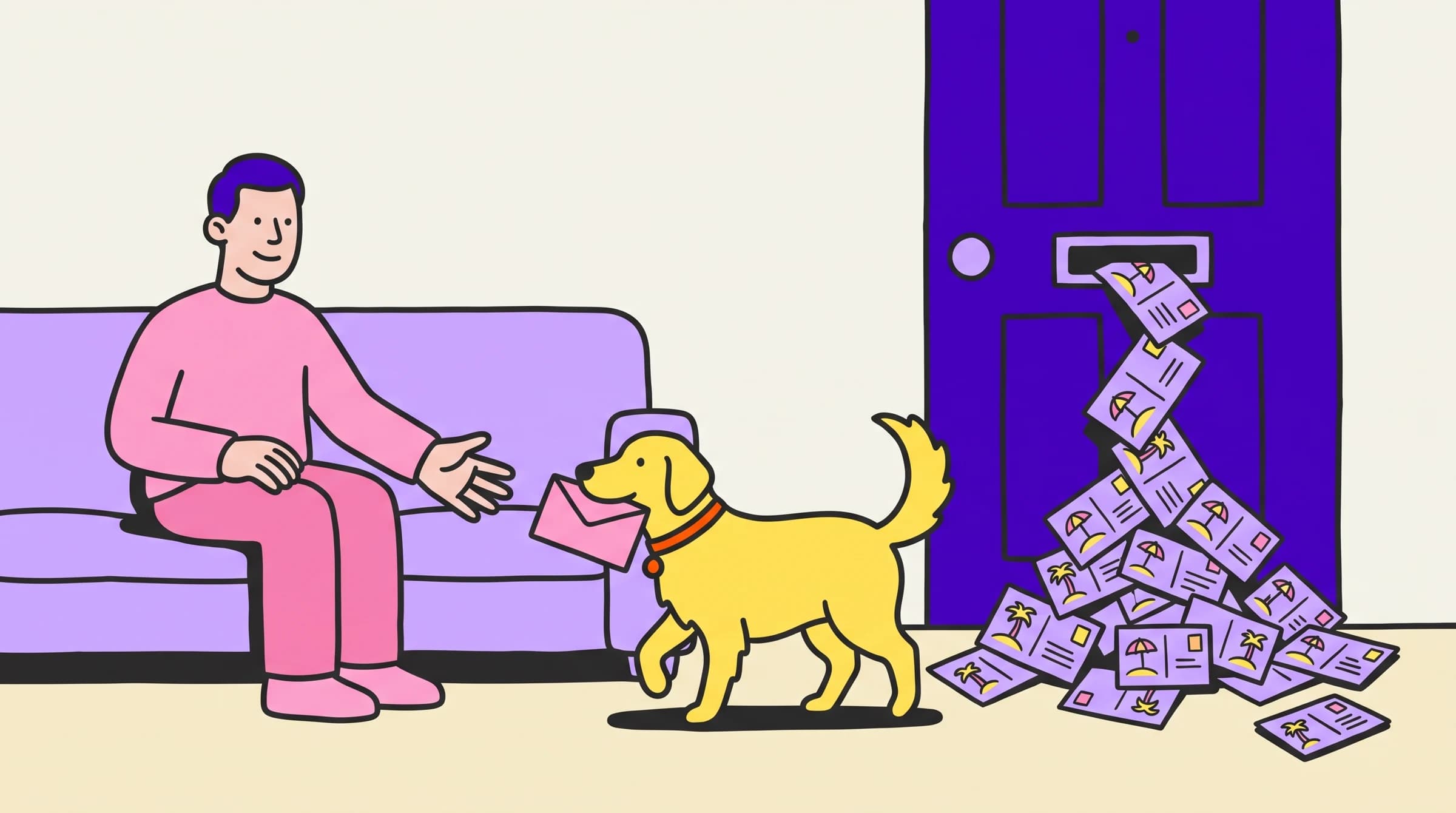 A retriever brings a founder the one real envelope while a pile of out-of-office vacation postcards spills from the mail slot behind it.