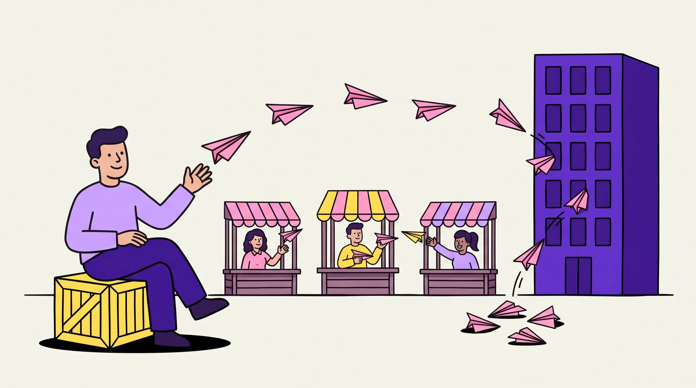 A founder tosses paper airplanes that small market-stall owners catch and send back, while the planes aimed at a tall office tower bounce off.