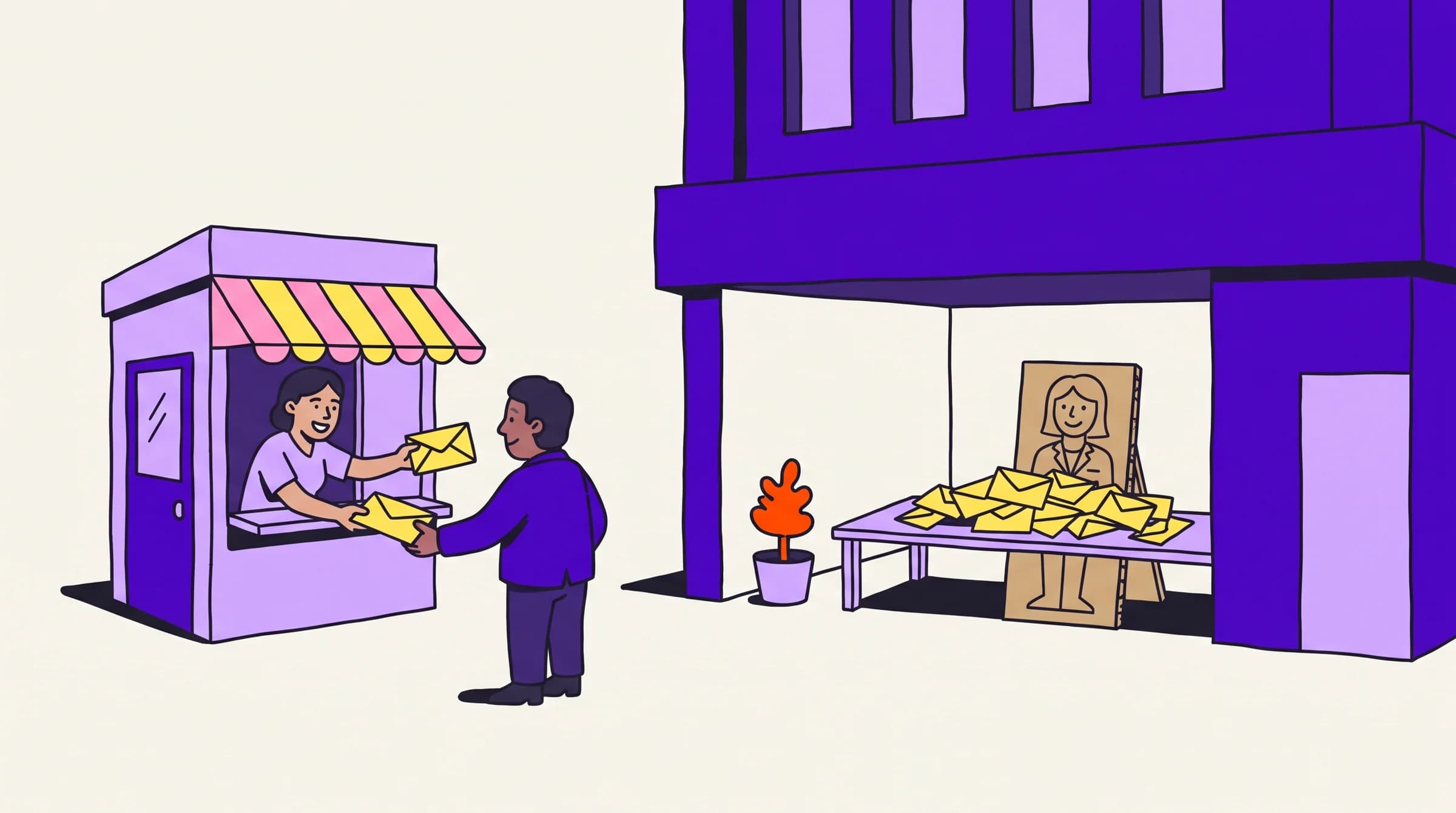 A kiosk owner happily swaps envelopes with a founder, while a big tower's lobby desk holds only a cardboard cutout and unopened mail.