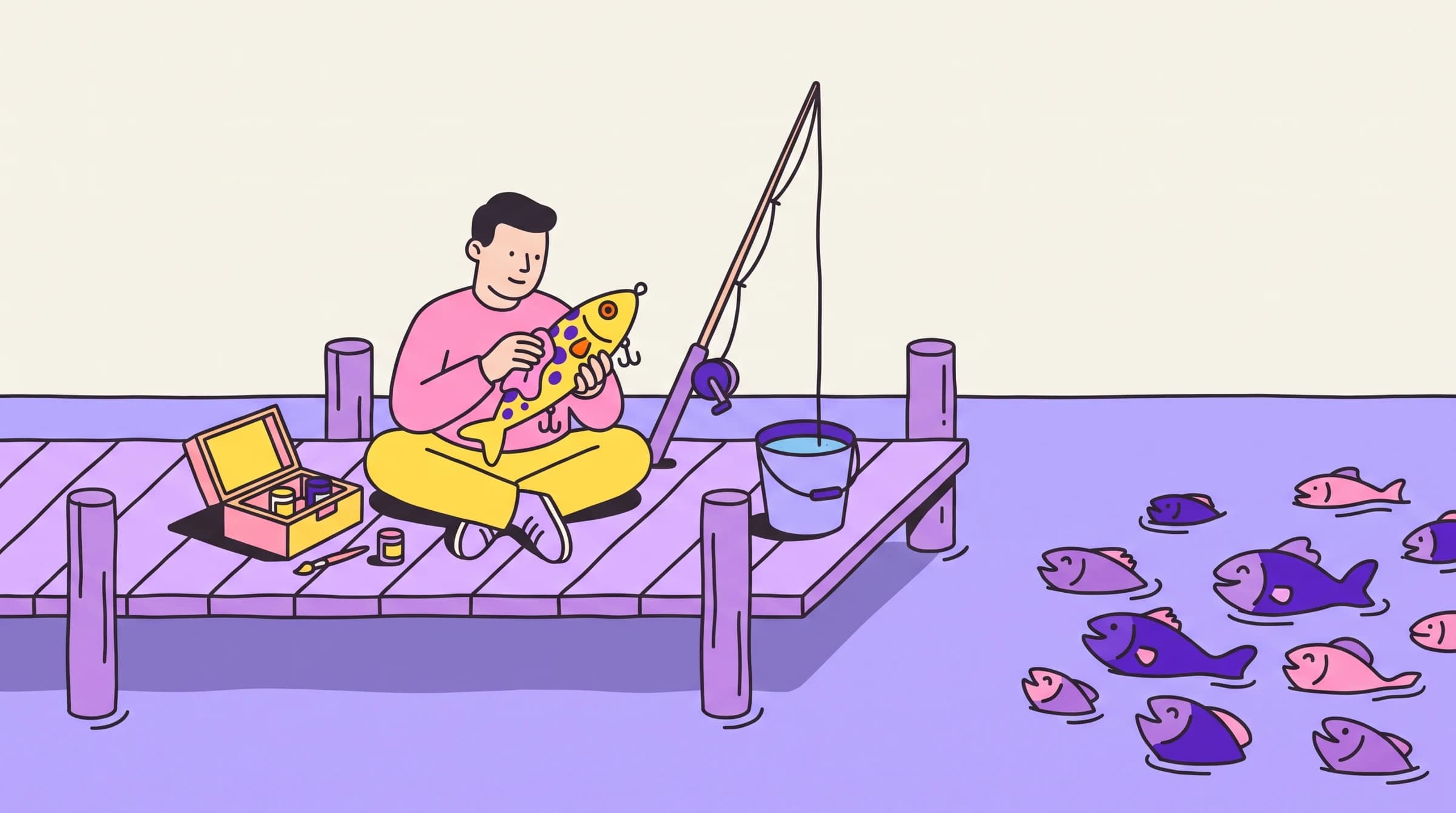 A founder on a dock polishes a fancy lure while his fishing line hangs into a bucket, not the pond full of waiting fish.