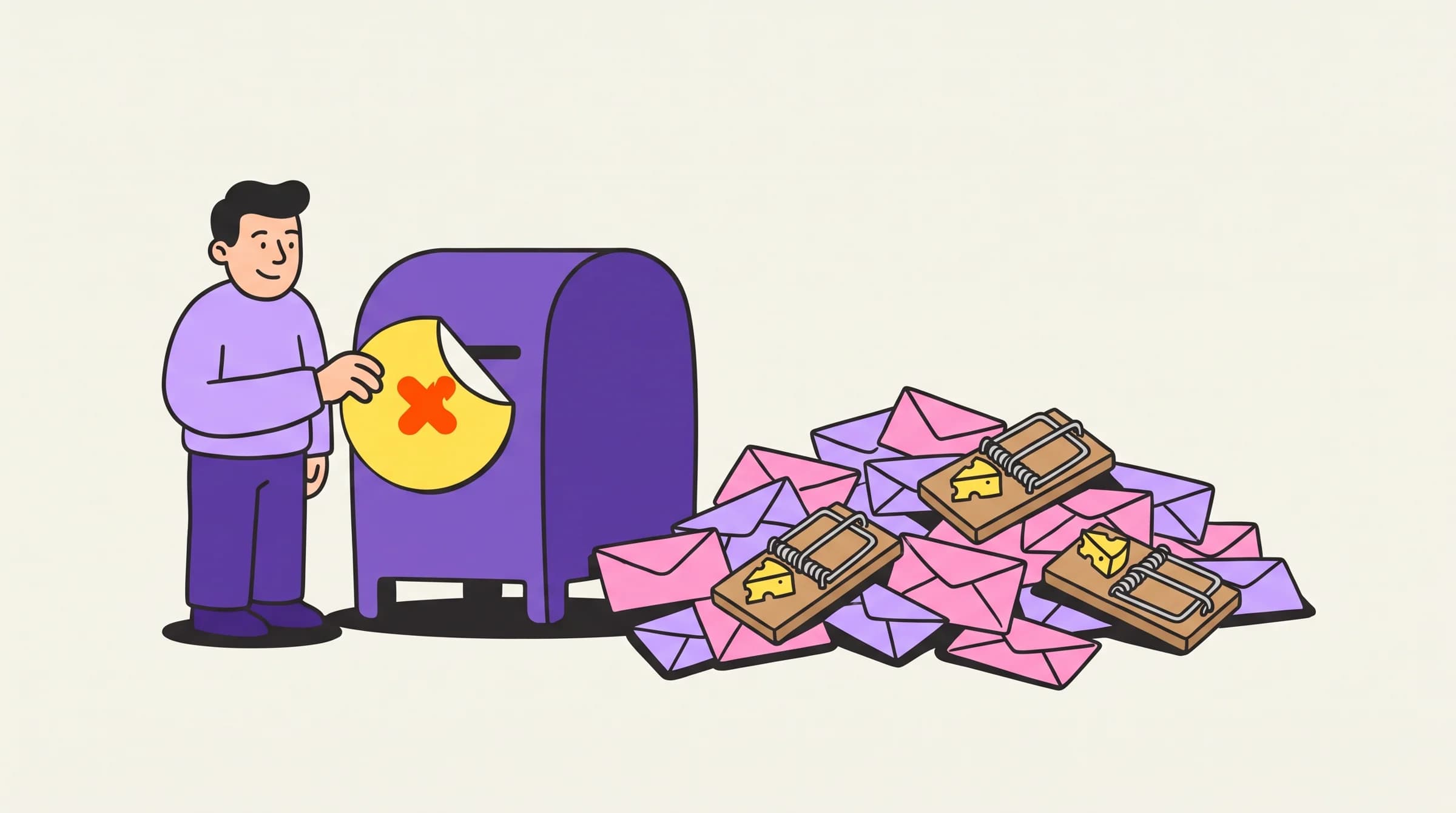 Founder casually peels a yellow blocker sticker off a purple mailbox while the envelope pile beside it hides mousetraps, the real danger.