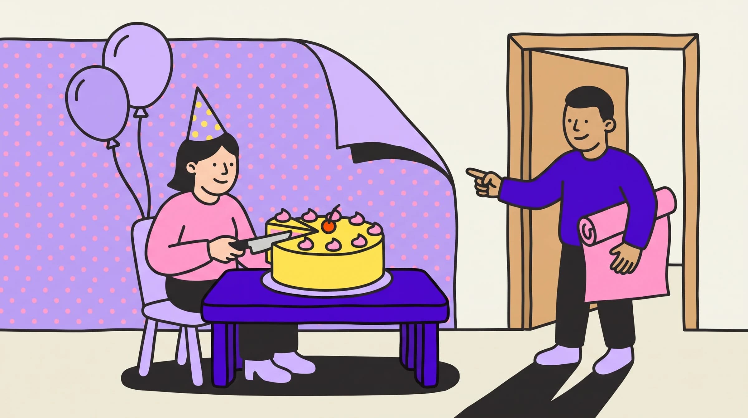A founder cuts a launch-day cake under peeling old wallpaper while a designer at the door points at it, holding a fresh roll.