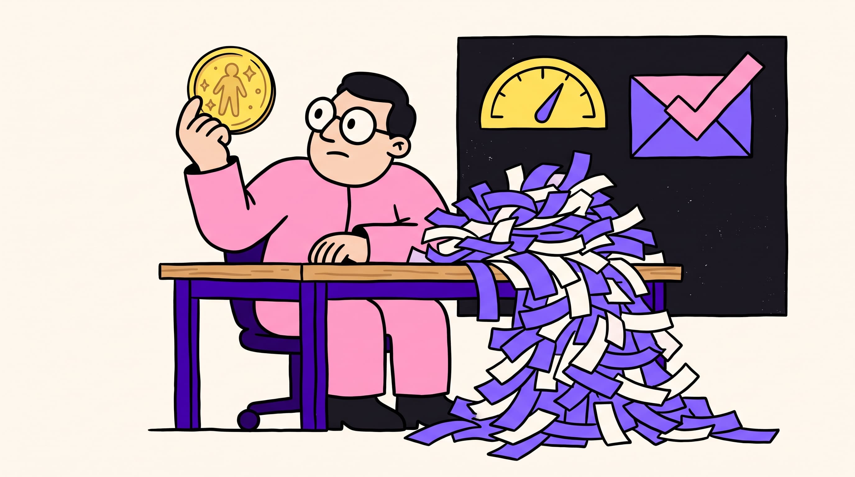 Operator at a desk holding one gold person-token while unused credit tickets spill off the table