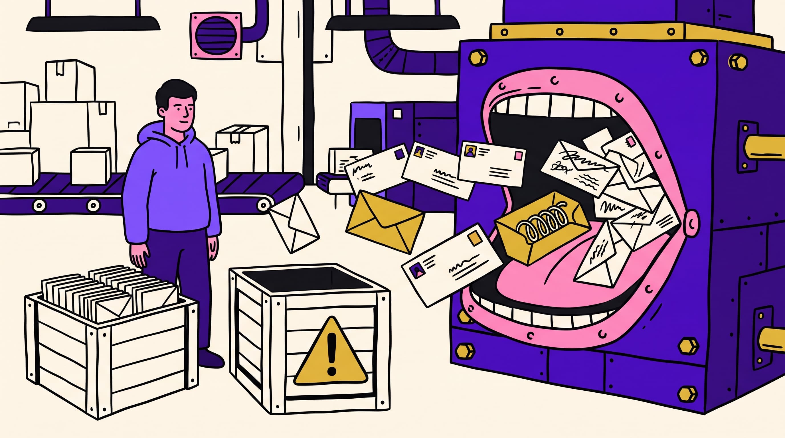 A hungry catch-all mail server swallowing every envelope while an operator keeps verified mail and unknown mail in two separate crates