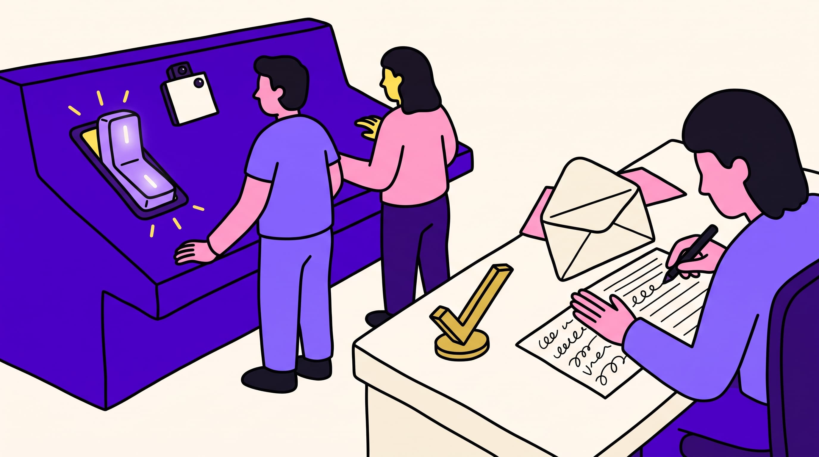 Operator writing a real reply at a cream desk while two teammates ignore a giant purple sequencer toggle and tracking pixel