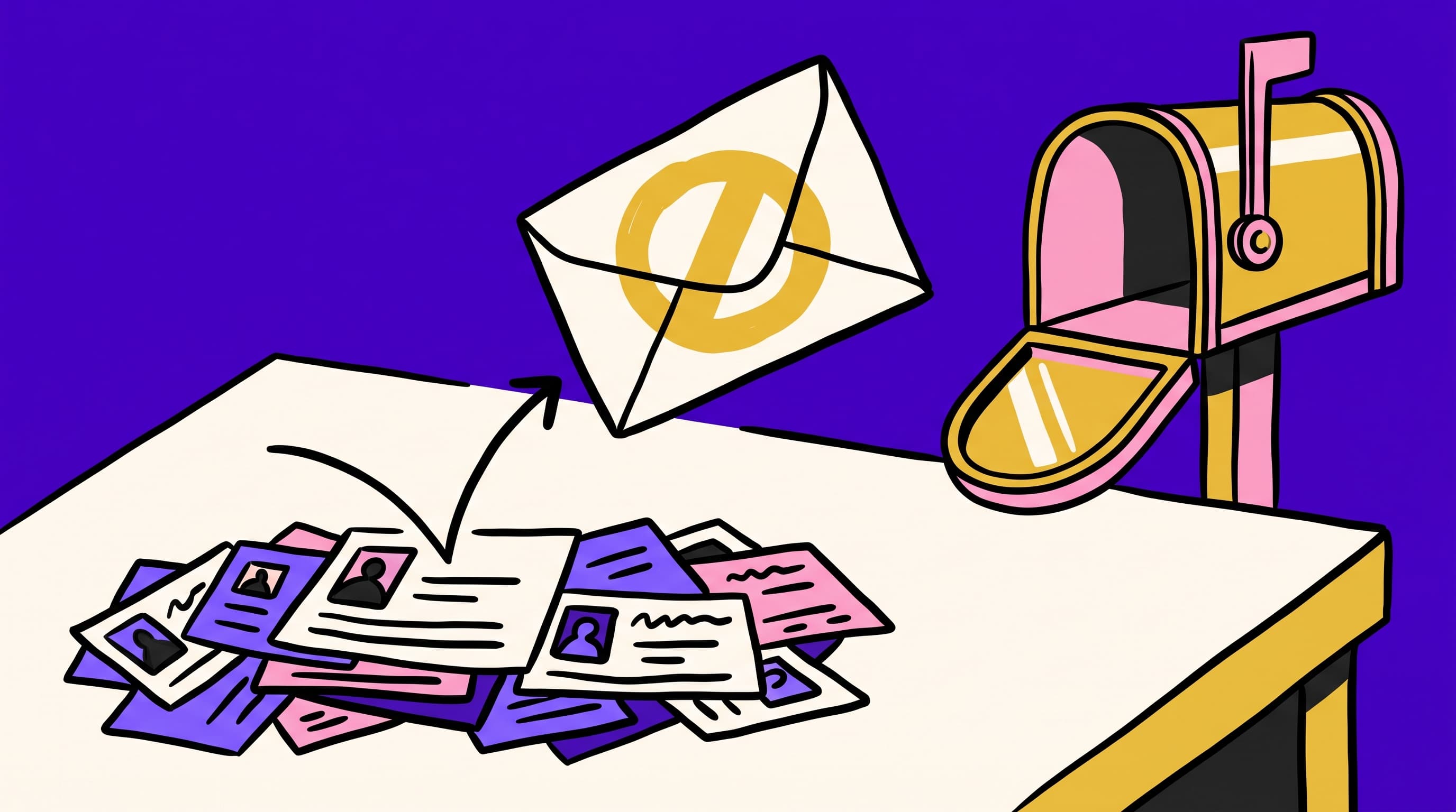 Hand-drawn illustration of a bounced cold-email envelope flying back toward a messy pile of unverified contact cards, while an unused gold mailbox sits empty on the desk