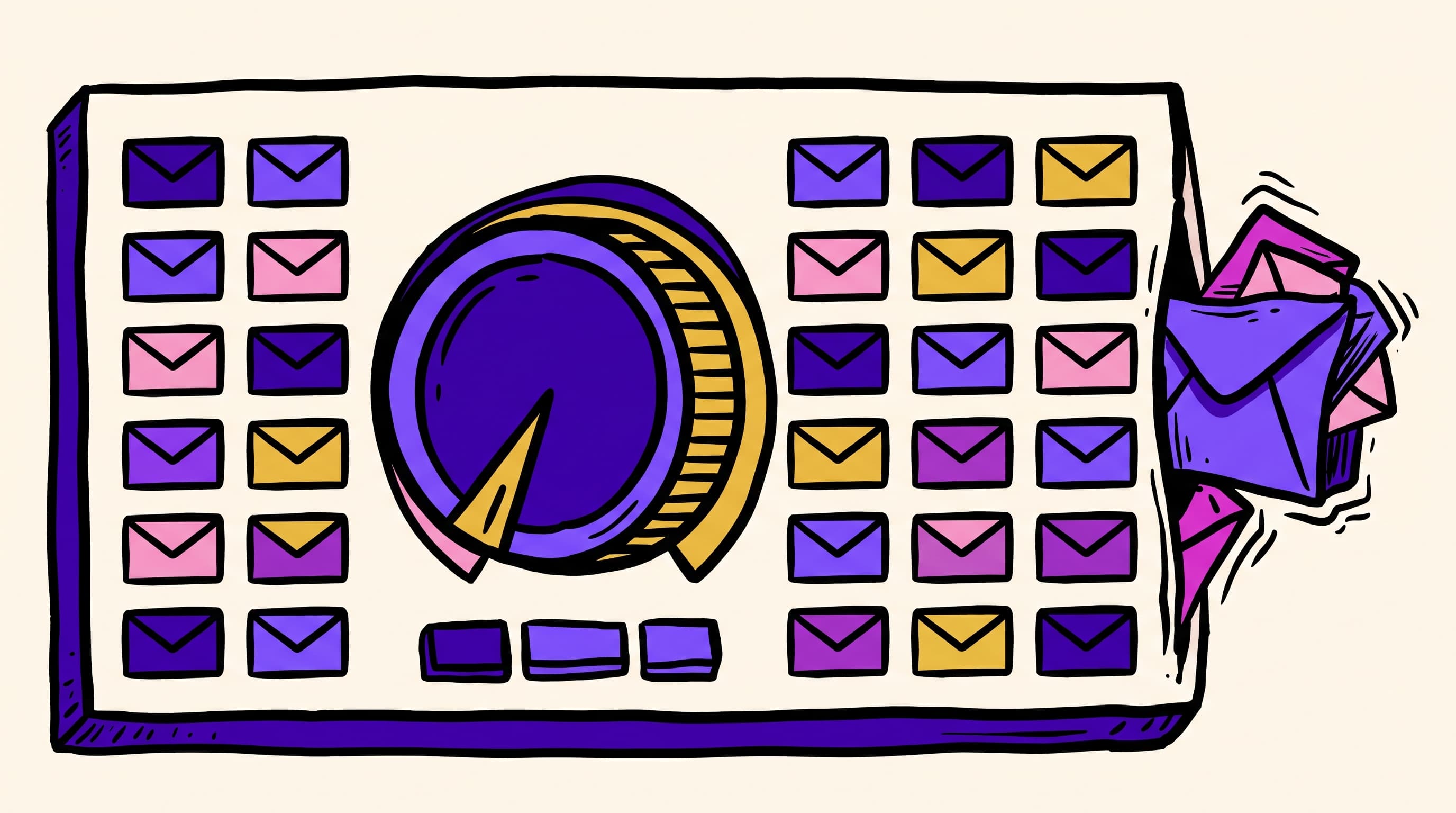 Volume dial and balanced fleet of cold email inboxes on cream neobrutal background