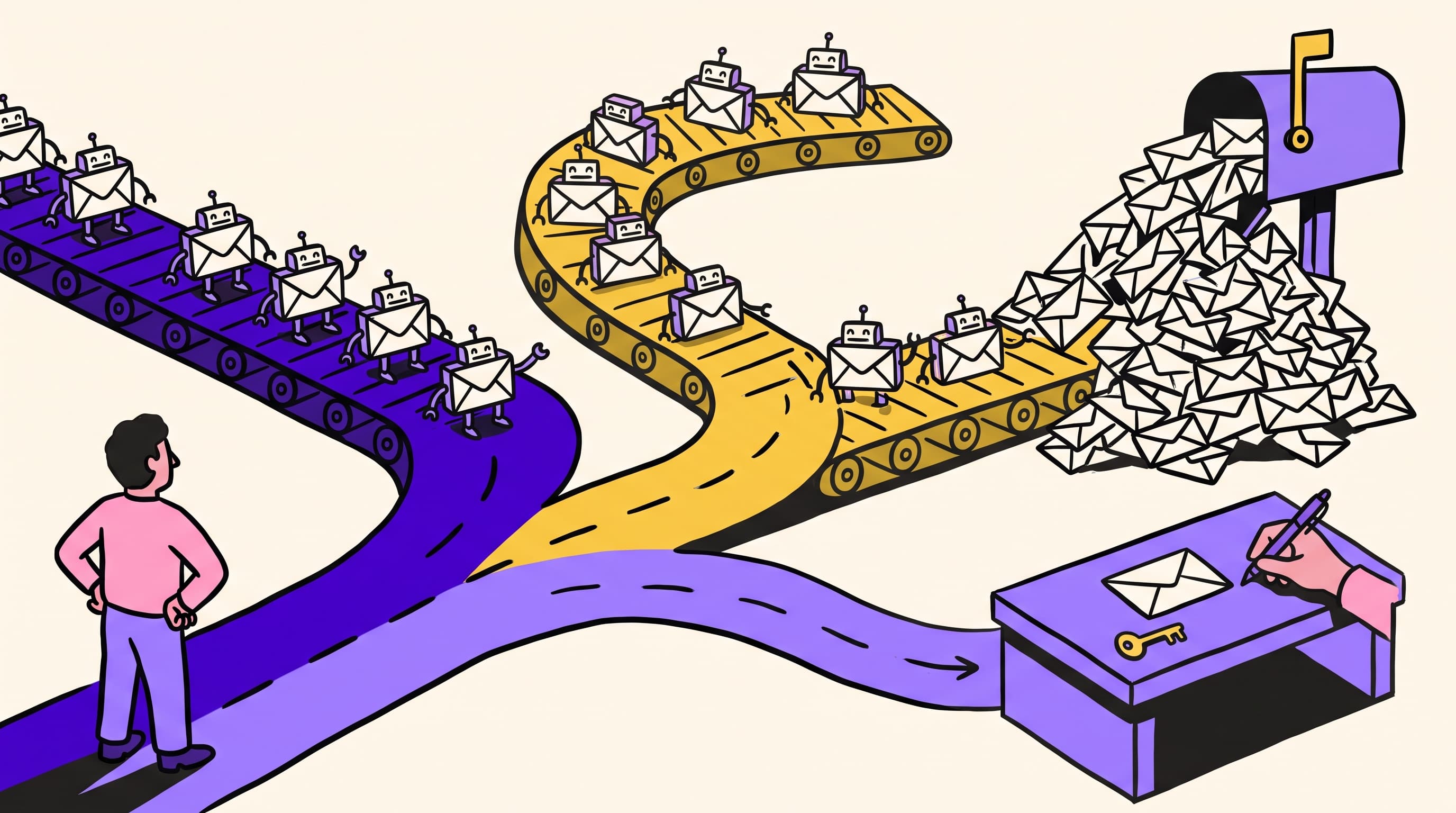 Hand-drawn illustration of a founder at a fork where two sequencer conveyor belts dump identical envelope robots into the same overflowing mailbox, while a quieter side path leads to a desk where a human writes one email