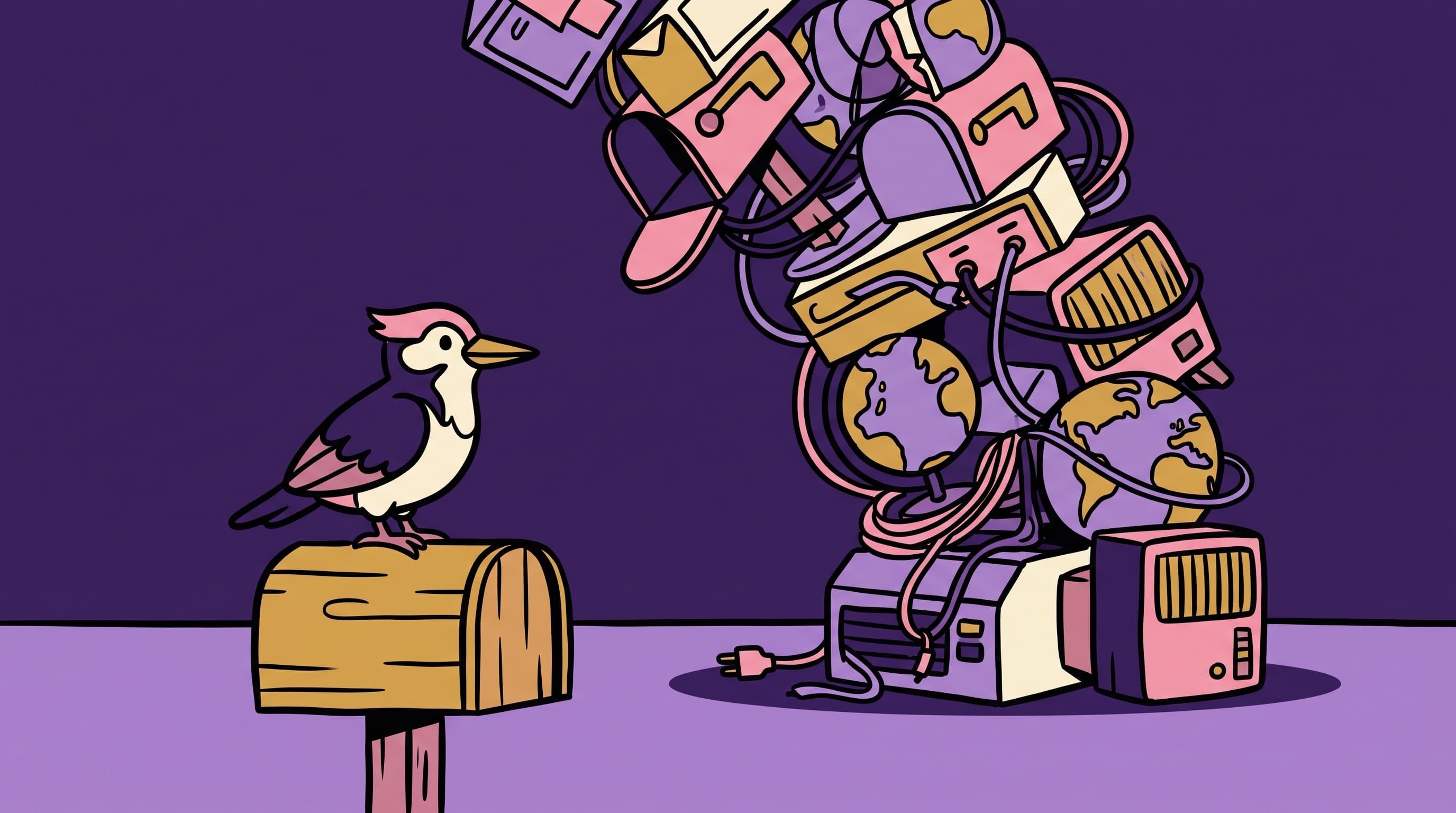 Hand-drawn illustration of a woodpecker on one simple mailbox while a tottering stack of extra mailboxes and cables leans behind it